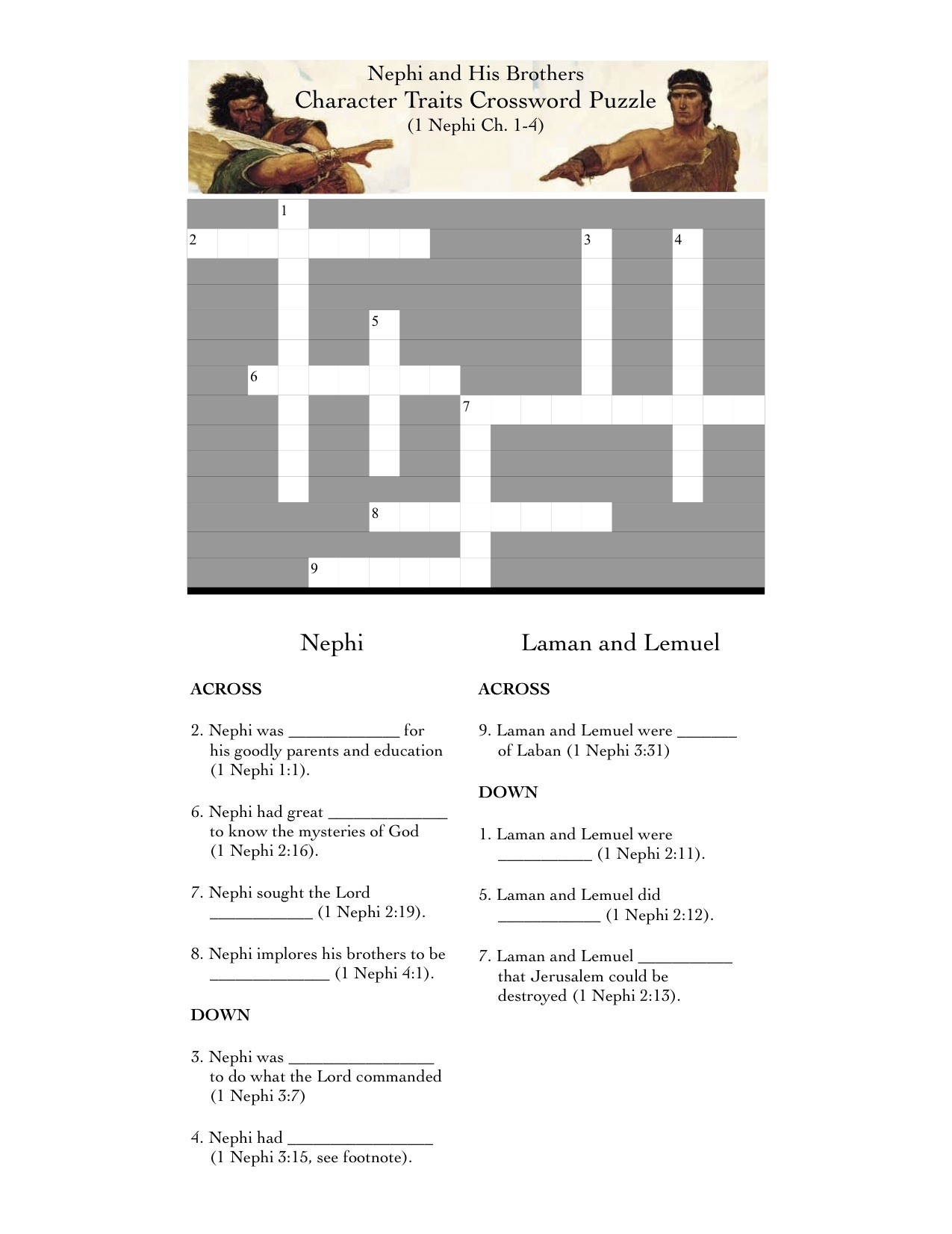 1 Nephi 1-7 (Book Of Mormon Lesson 2) | - Printable Character Traits Crossword Puzzle