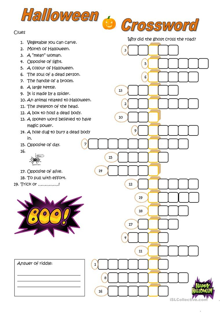 23 Free Esl Halloween Crossword Worksheets - Halloween Crossword Puzzle Printable