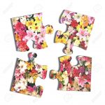 3D Rendering Of Four Puzzle Pieces With Flower Print On White   Print On Puzzle