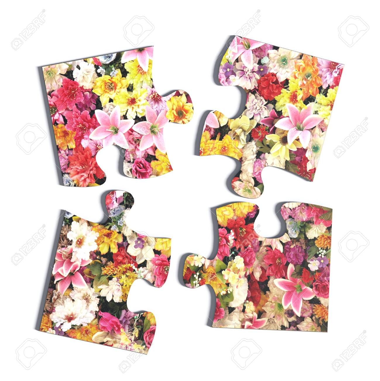 3D Rendering Of Four Puzzle Pieces With Flower Print On White - Print On Puzzle
