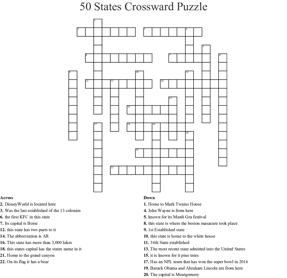 50 States Crossward Puzzle Crossword - Wordmint - Printable United States Crossword Puzzle