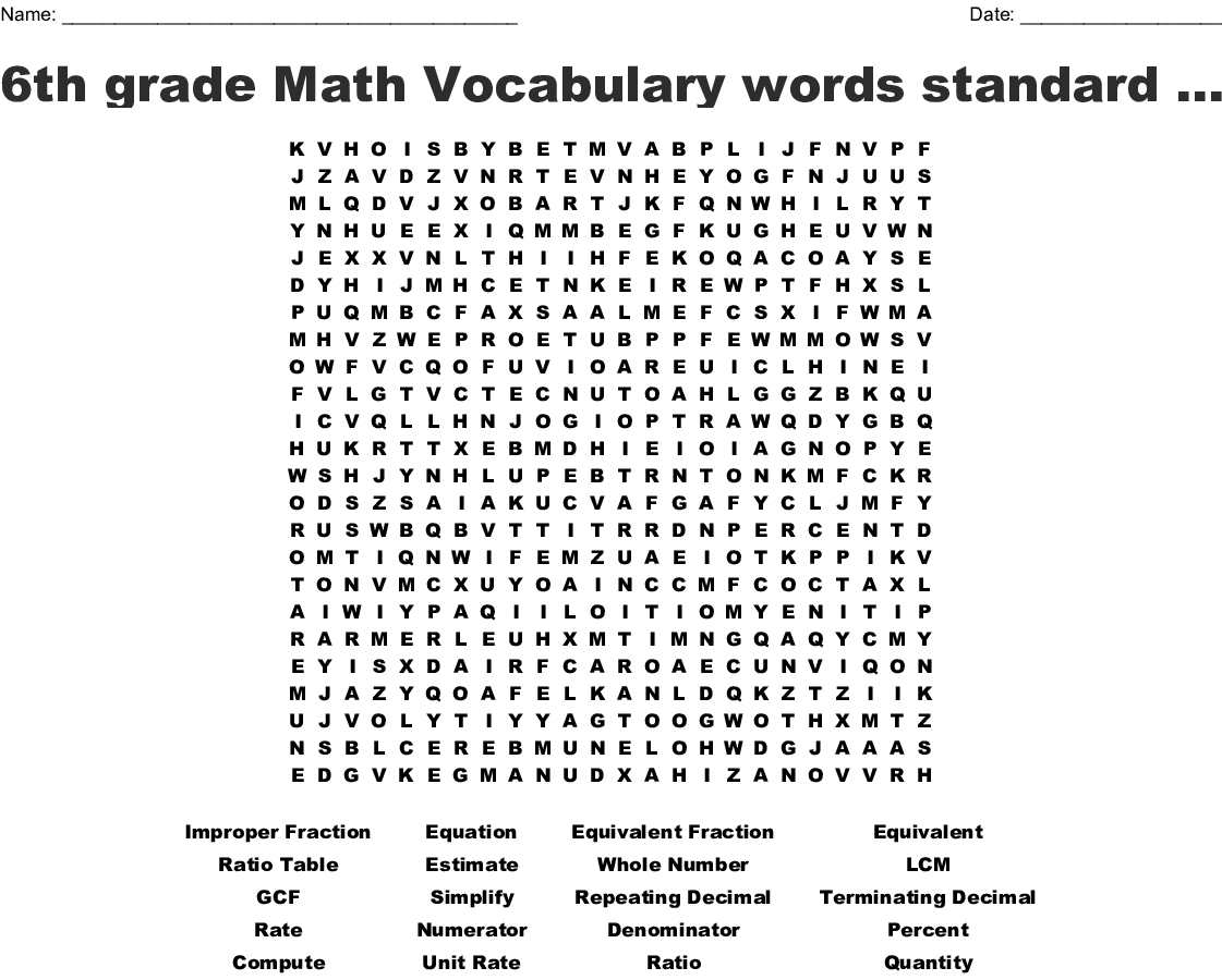 6Th Grade Math Vocabulary Words Standard 6.ns. 1-4 &amp;amp; 6.rp. 1-3 Word - Printable Crossword For Grade 6