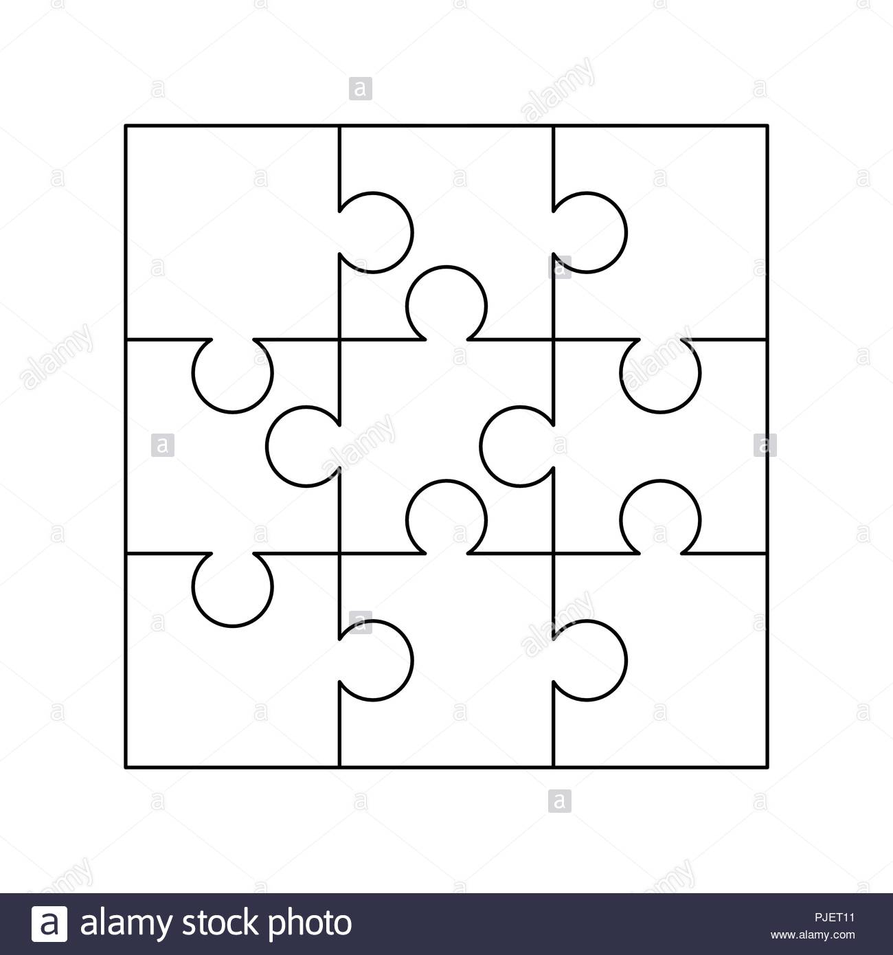 9 White Puzzles Pieces Arranged In A Square. Jigsaw Puzzle Template - Print On Puzzle Pieces