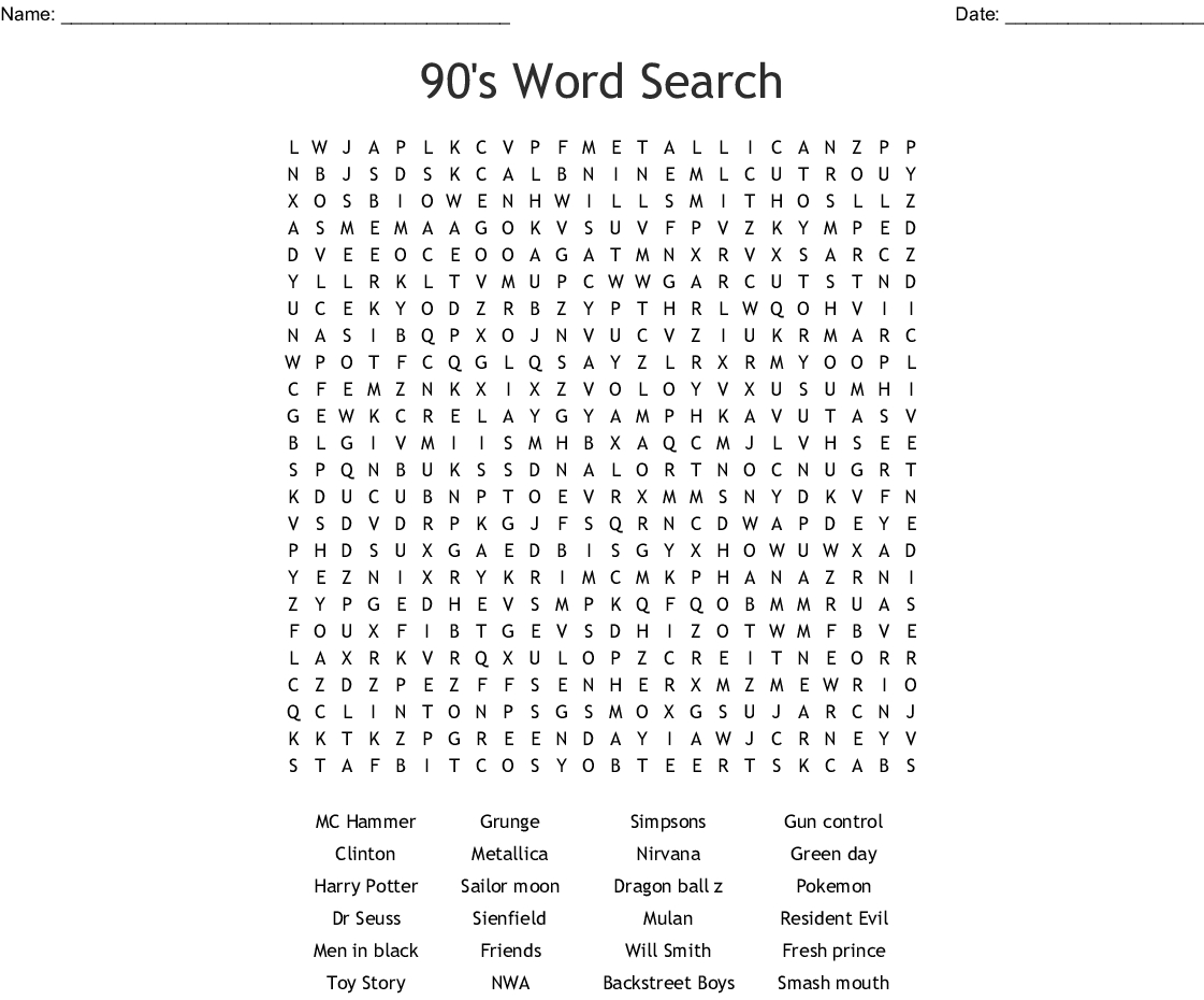 90&amp;#039;s Word Search - Wordmint - 90S Crossword Puzzle Printable