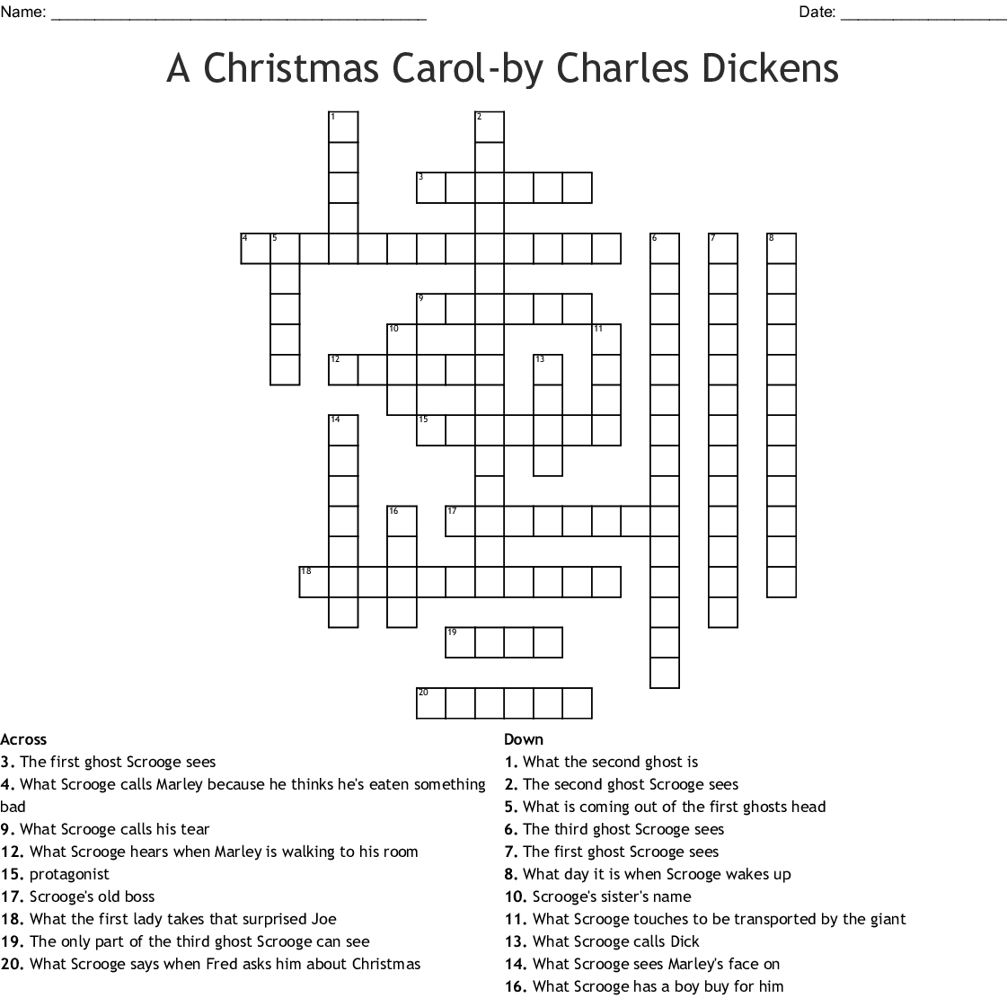 Charles Dickens A Christmas Carol Activities Crossword Puzzle Word My 