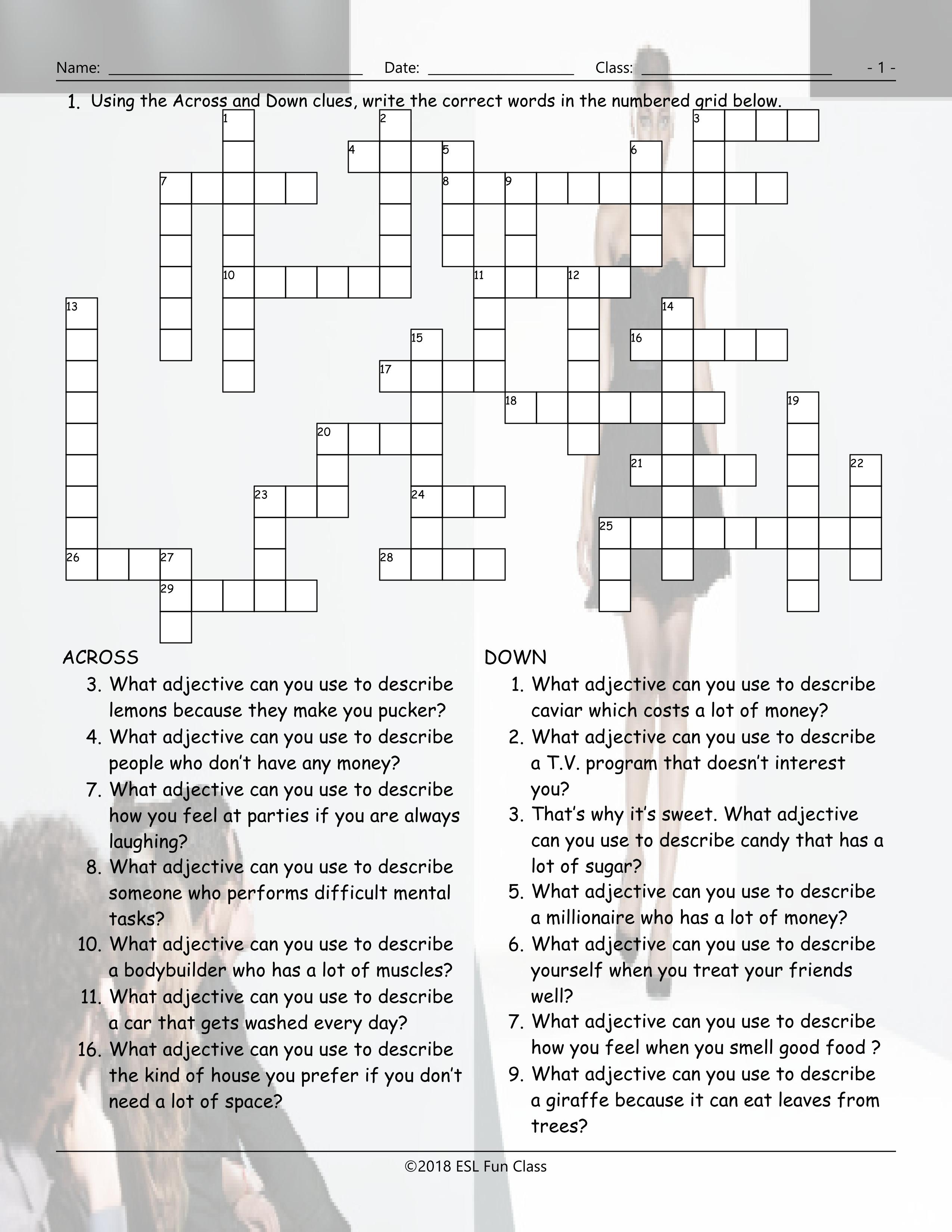 Adjectives Crossword Puzzle-Esl Fun Games-Have Fun! - Adjectives Crossword Puzzle Printable