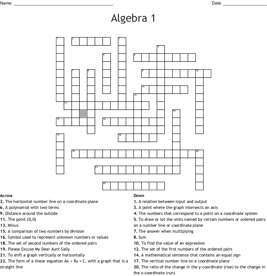 Algebra 1 Crossword - Wordmint - Free Printable Crossword Puzzle #1 Answers