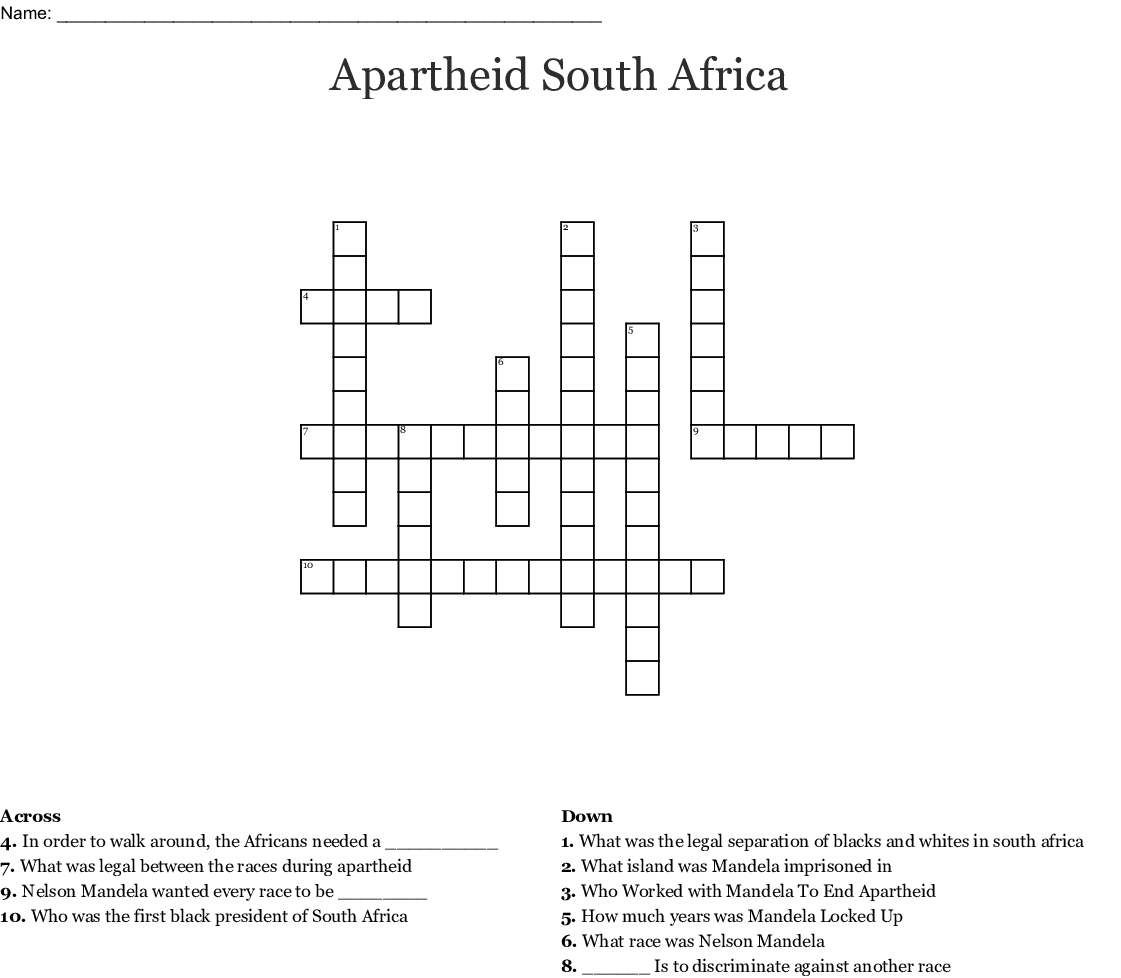 Apartheid South Africa Crossword - Wordmint - Printable Crossword Puzzles South Africa