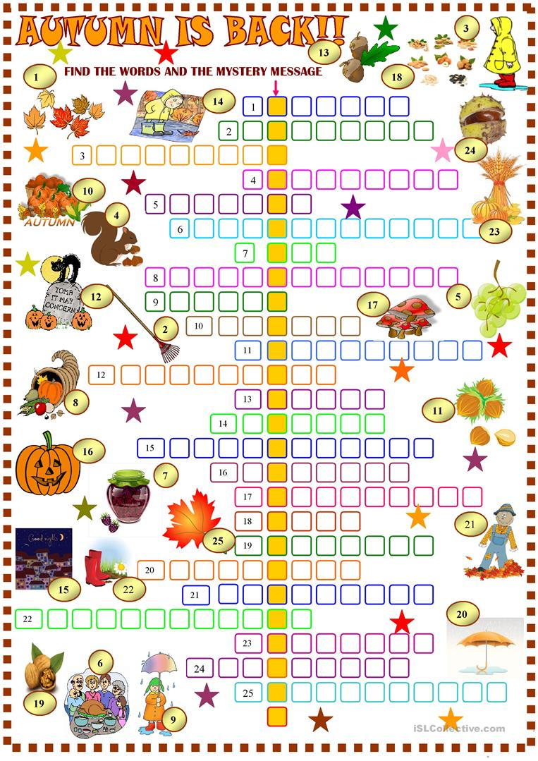 Autumn : Crossword Puzzle With Key Worksheet - Free Esl Printable - Fall Crossword Puzzle Printable