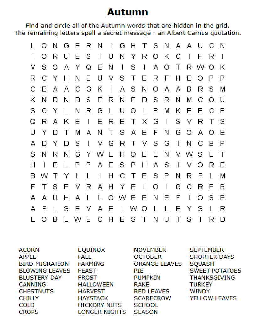 Autumn Word Search -- Printable - Printable Puzzles For Inmates