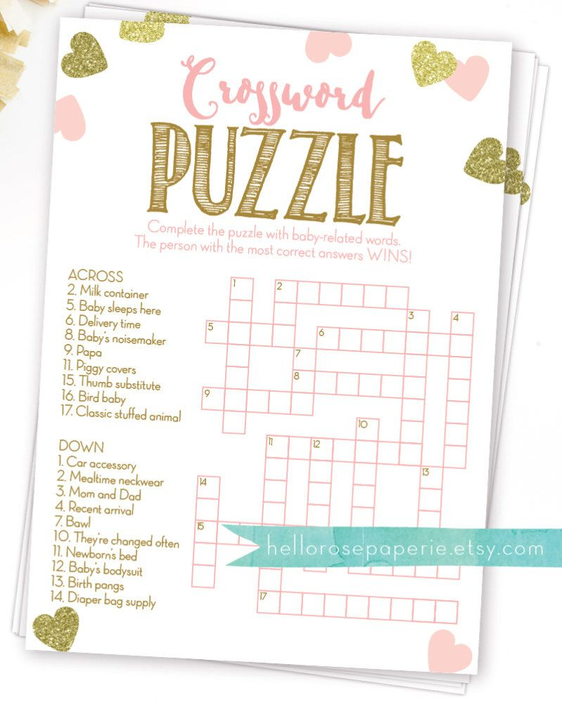 Baby Shower Crossword Puzzle Game . Pink And Gold Girl Baby Shower - Printable Baby Crossword Puzzles