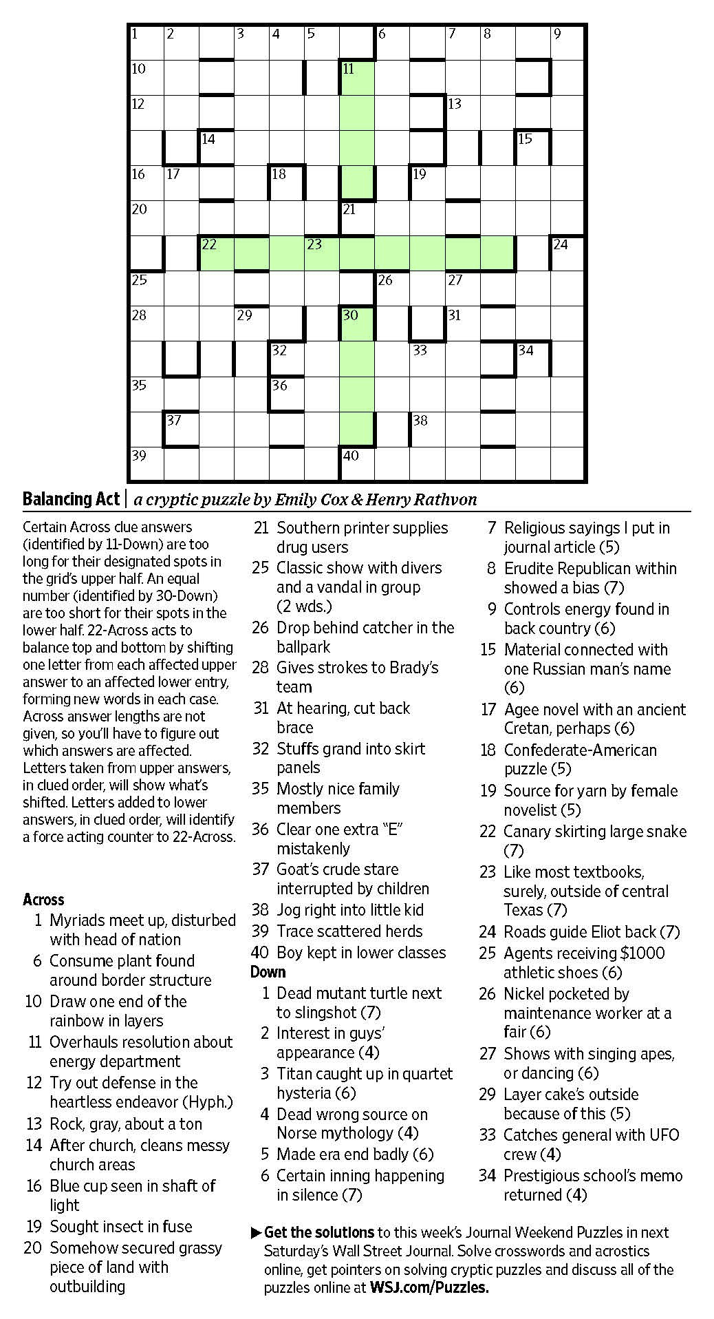 Balancing Act (Saturday Puzzle, March 25) - Wsj Puzzles - Wsj - Wall Street Journal Crossword Puzzle Printable