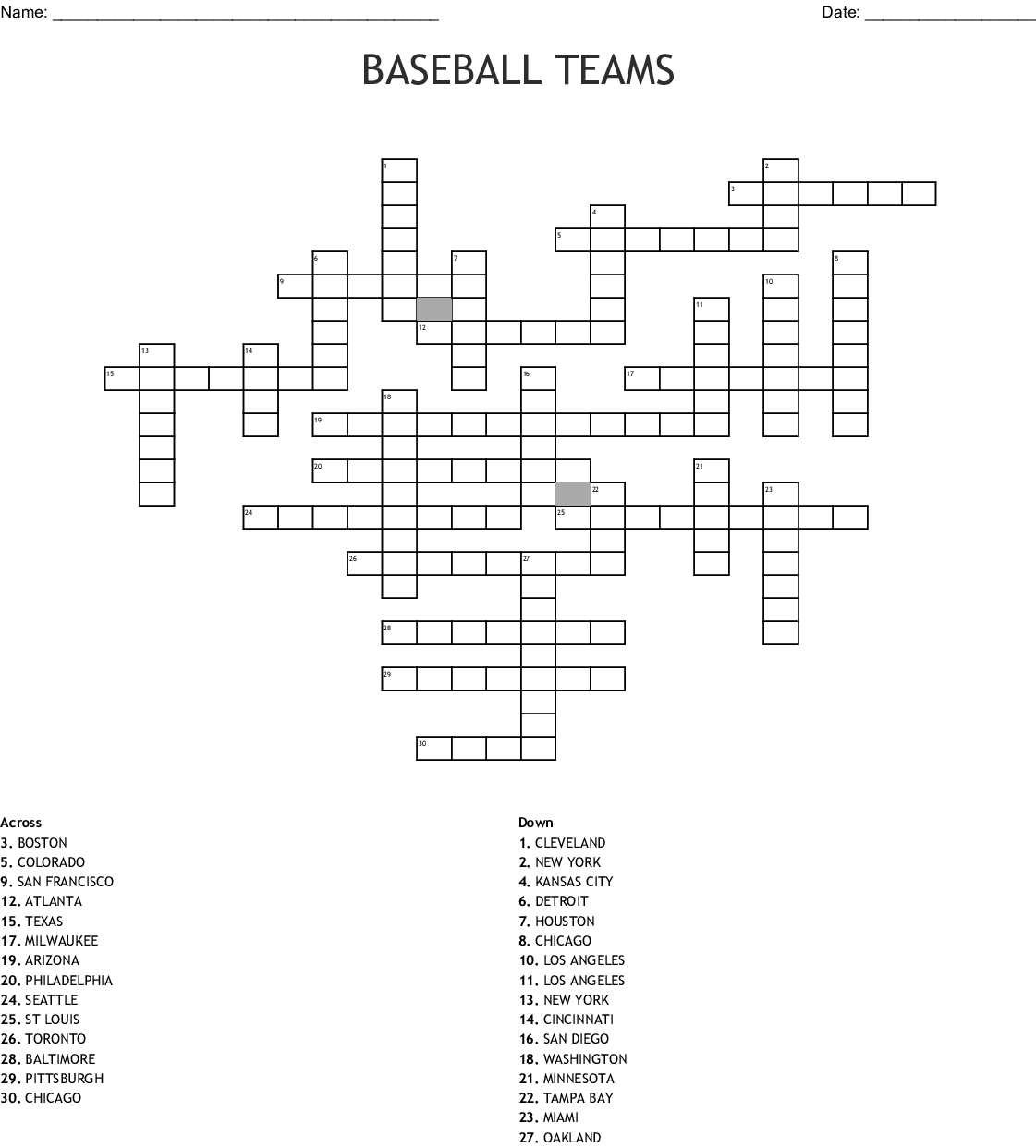 Baseball Teams Crossword - Wordmint - Printable Baseball Crossword Puzzles