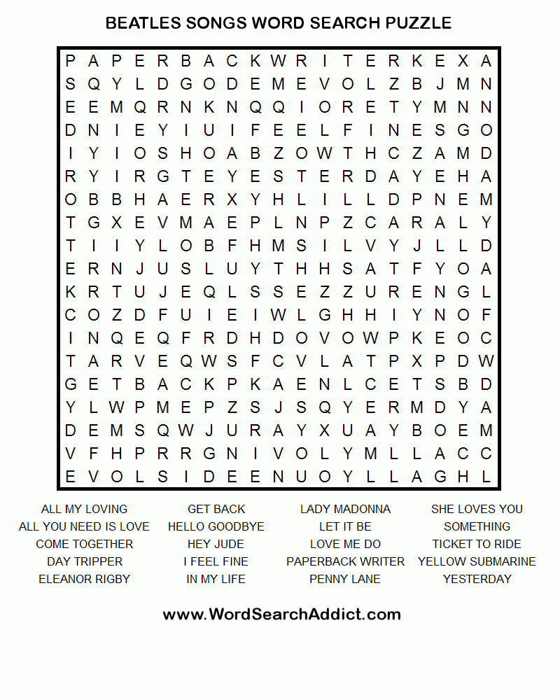 Beatles&amp;#039; Songs Printable Word Search Puzzle - Printable Crossword Word Search