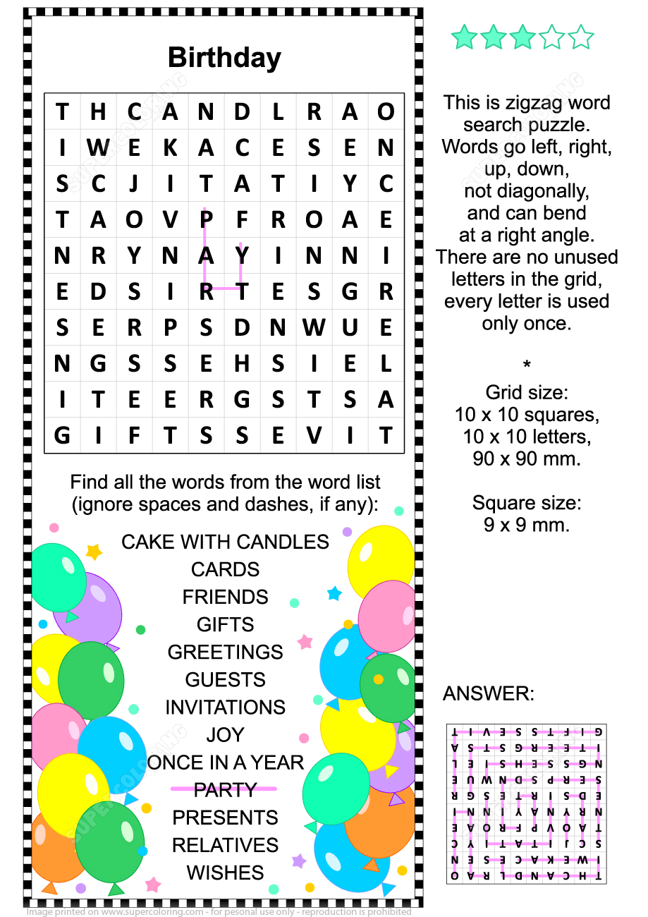 Birthday Zigzag Word Search Puzzle | Free Printable Puzzle Games - Printable Birthday Puzzle