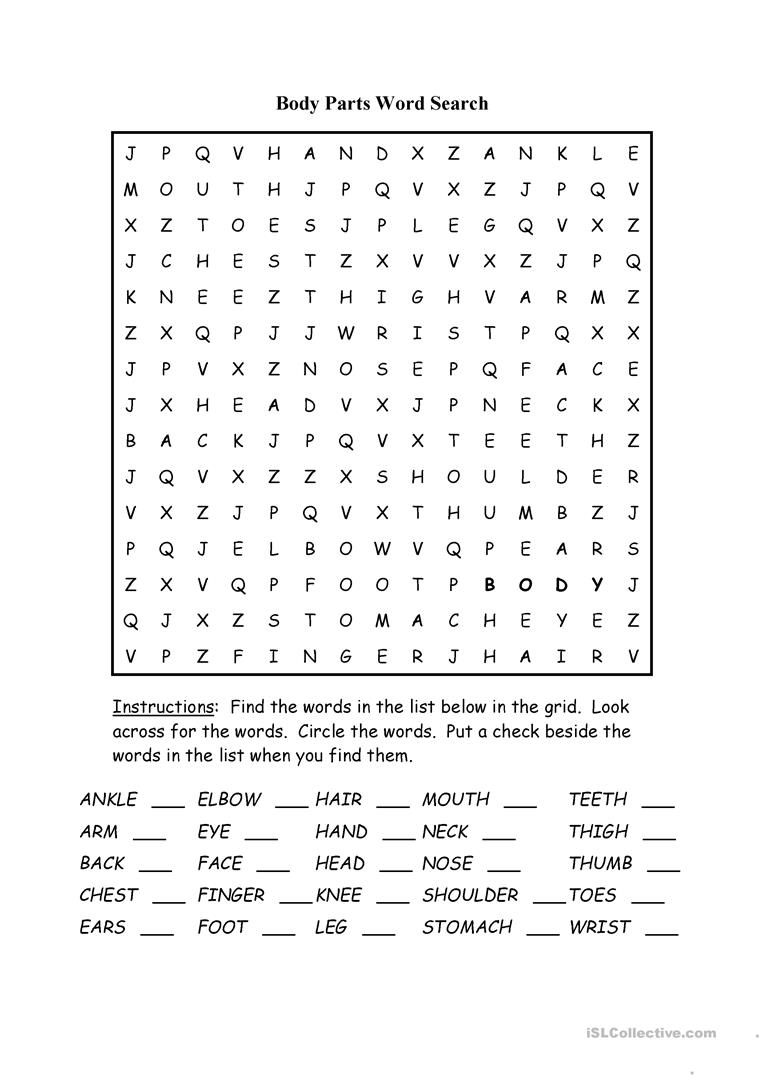 Body Parts Word Search Puzzle Worksheet - Free Esl Printable - Printable Puzzle Activities