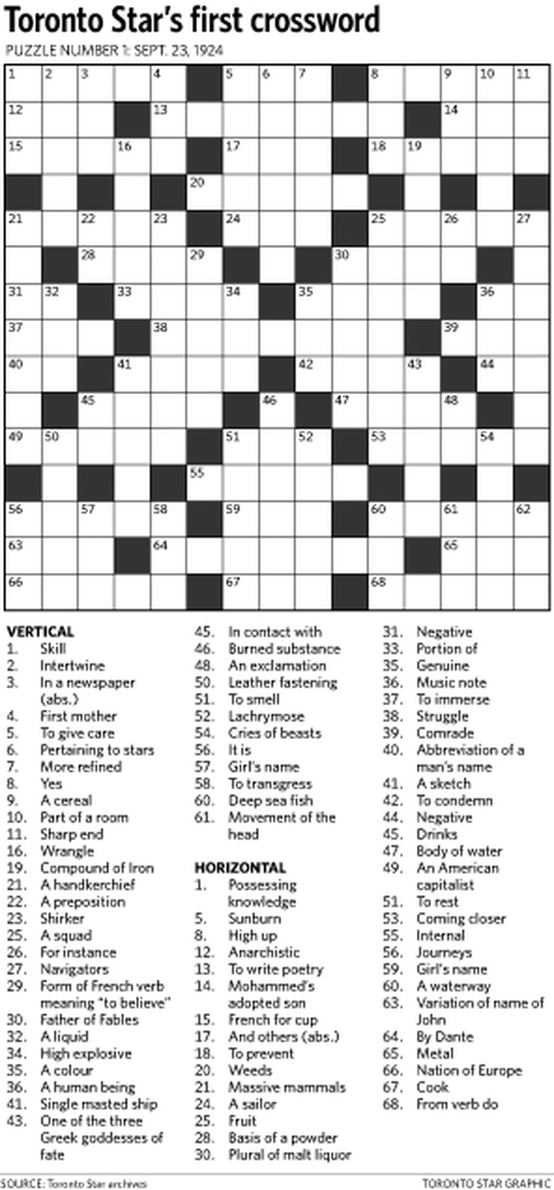 Can You Solve The Star&amp;#039;s First Ever Crossword Puzzle From 1924 - Printable Crossword Toronto Star