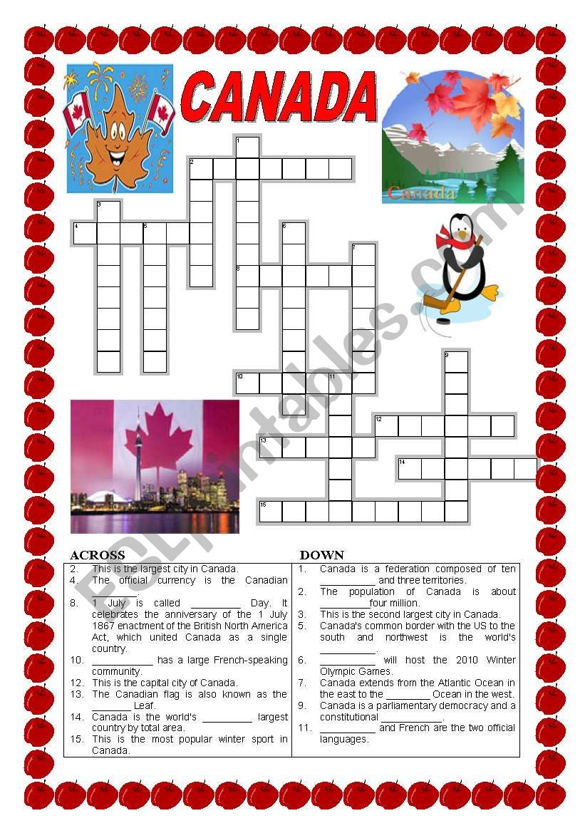 Canada - Crossword - Esl Worksheetildibildi - Printable Canadian Crossword