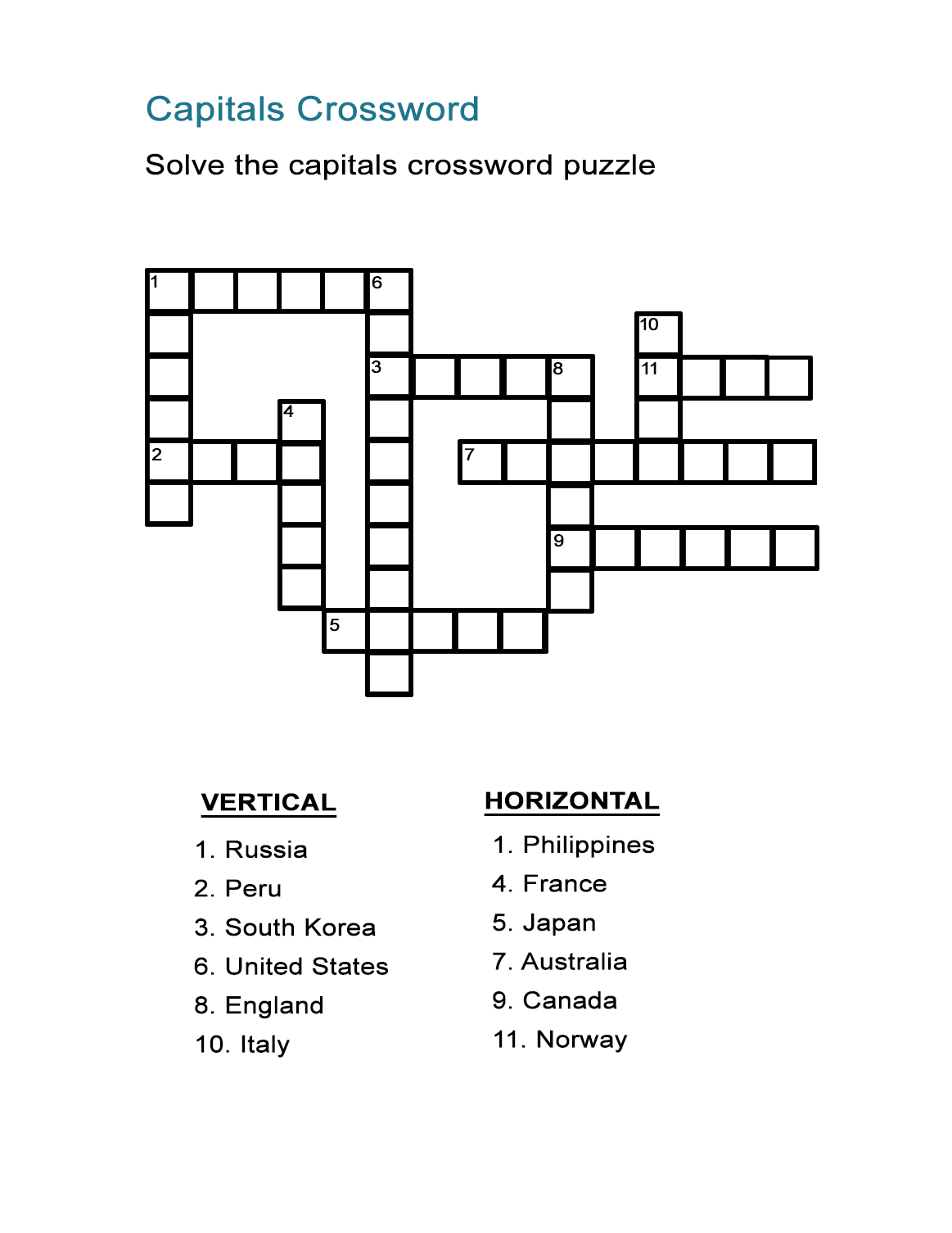 Capital Cities Quiz: Fill In The Country&amp;#039;s Capital In The Crossword - Print Puzzle Canada