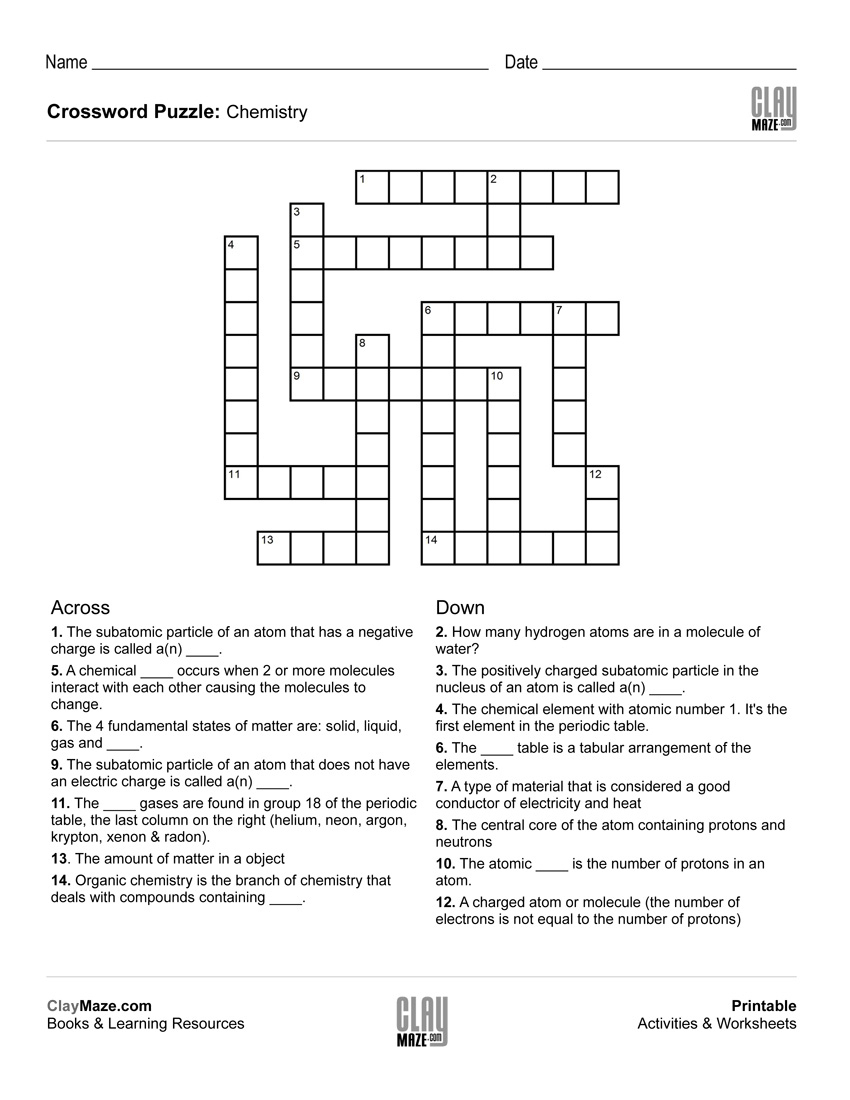 Chemistry Themed Crossword Puzzle | Free Printable Children&amp;#039;s - Free - Computer Crossword Puzzles Printable