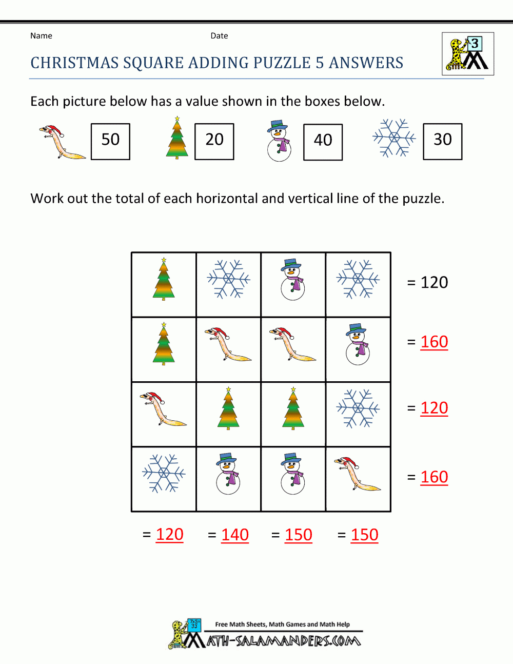 Christmas Math Worksheets - Printable Algebra Puzzles