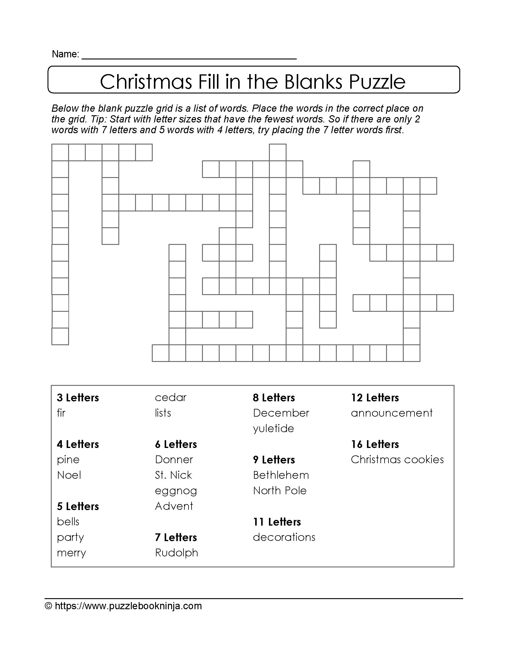 Christmas Printable Puzzle. Free Fill In The Blanks. | Christmas - Printable Crossword Puzzle For 8 Year Old