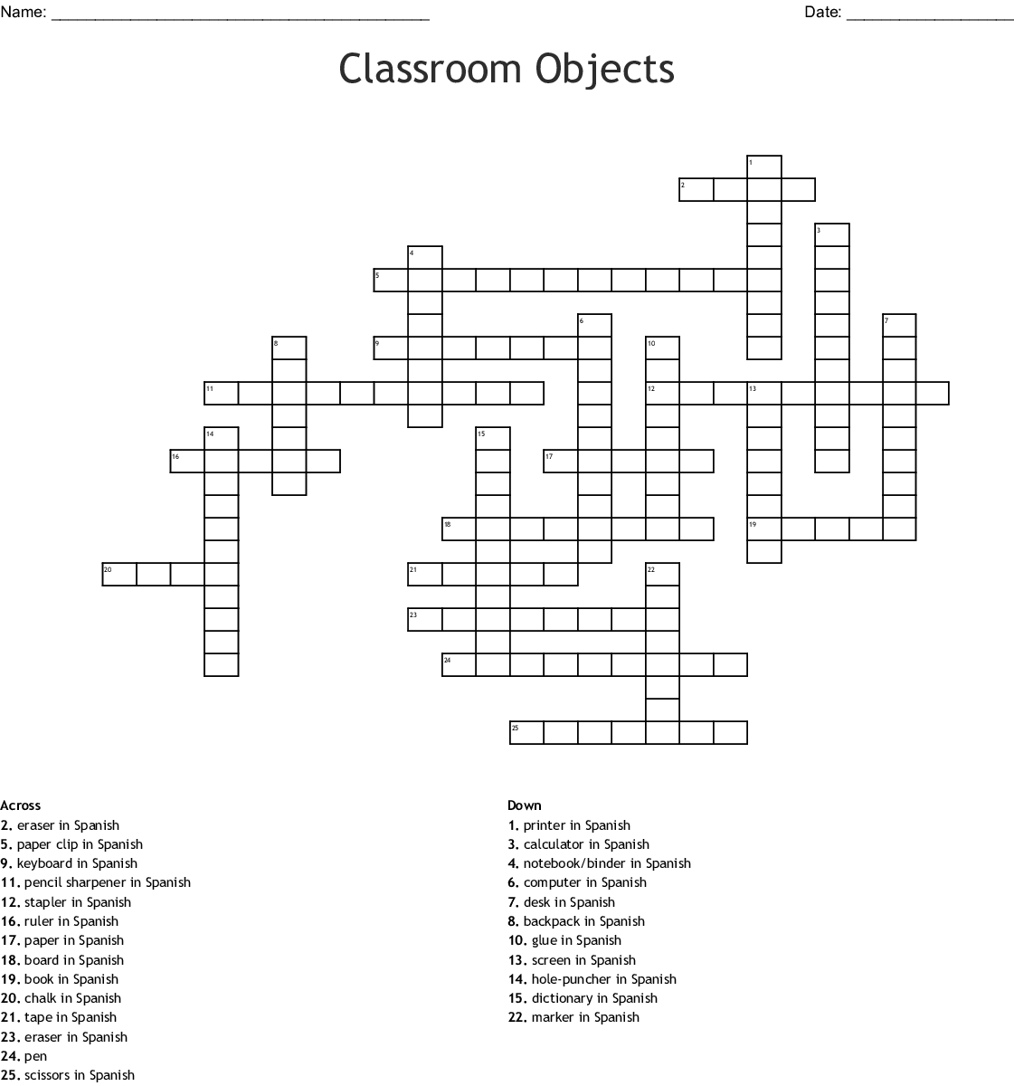 Classroom Objects Crossword - Wordmint - Crossword Puzzle Printable In Spanish
