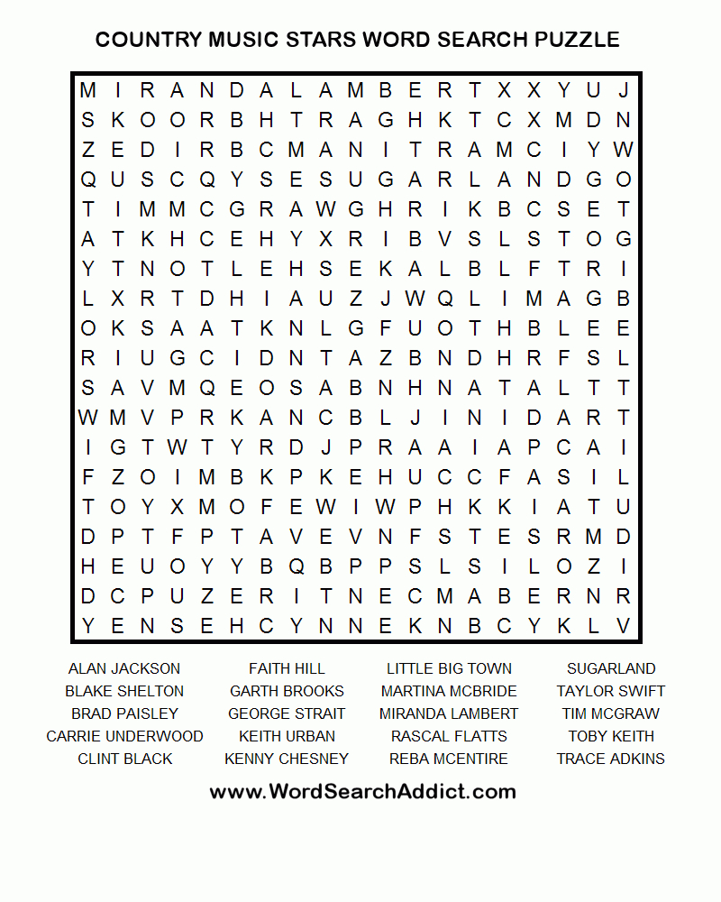 Country Music Stars Printable Word Search Puzzle - Printable Crossword Puzzles Music