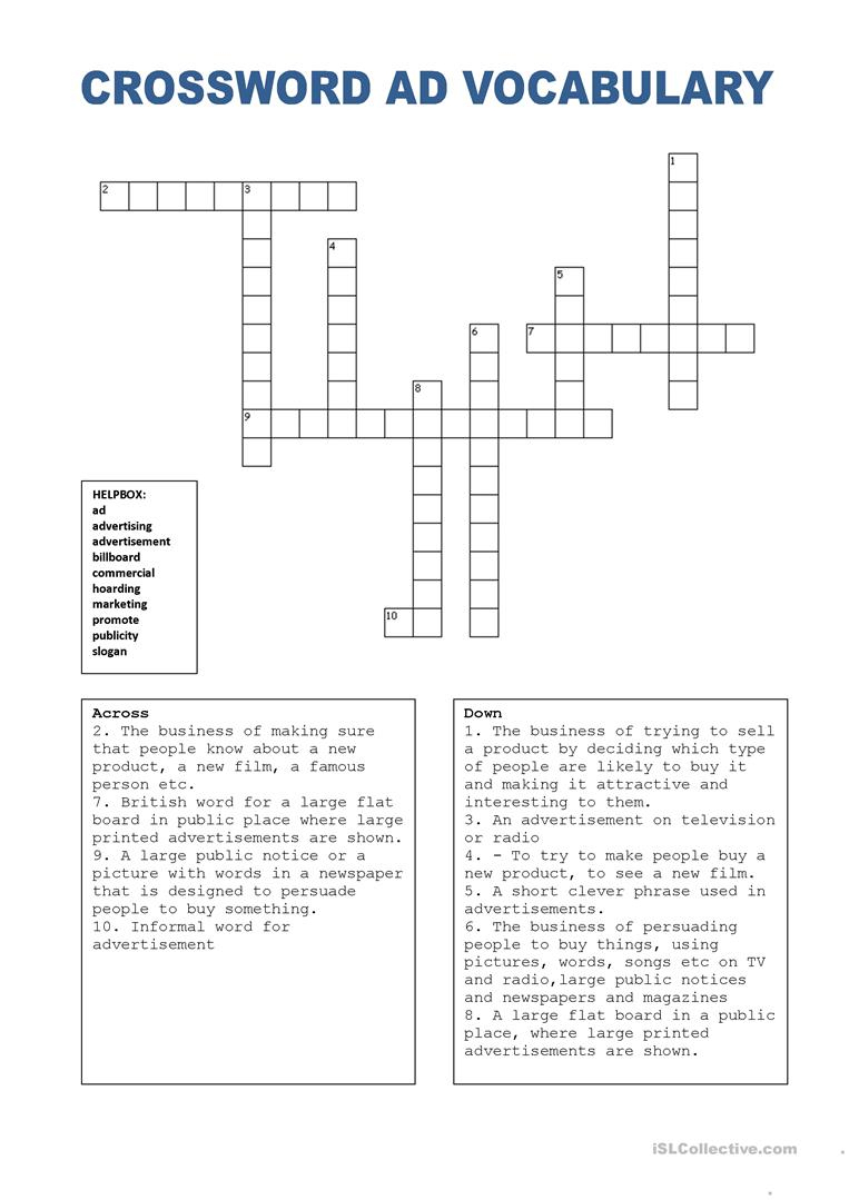 Crossword Puzzle Ads (W. Helpbox) Worksheet - Free Esl Printable - Printable Crossword Puzzles 2011