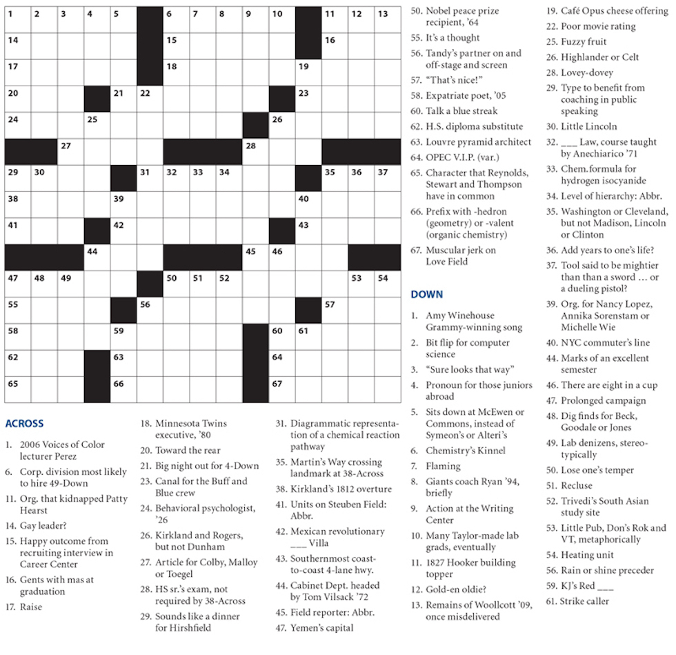 Crossword Puzzle – Crossword Puzzle – Hamilton College Pertaining To - College Crossword Puzzle Printable