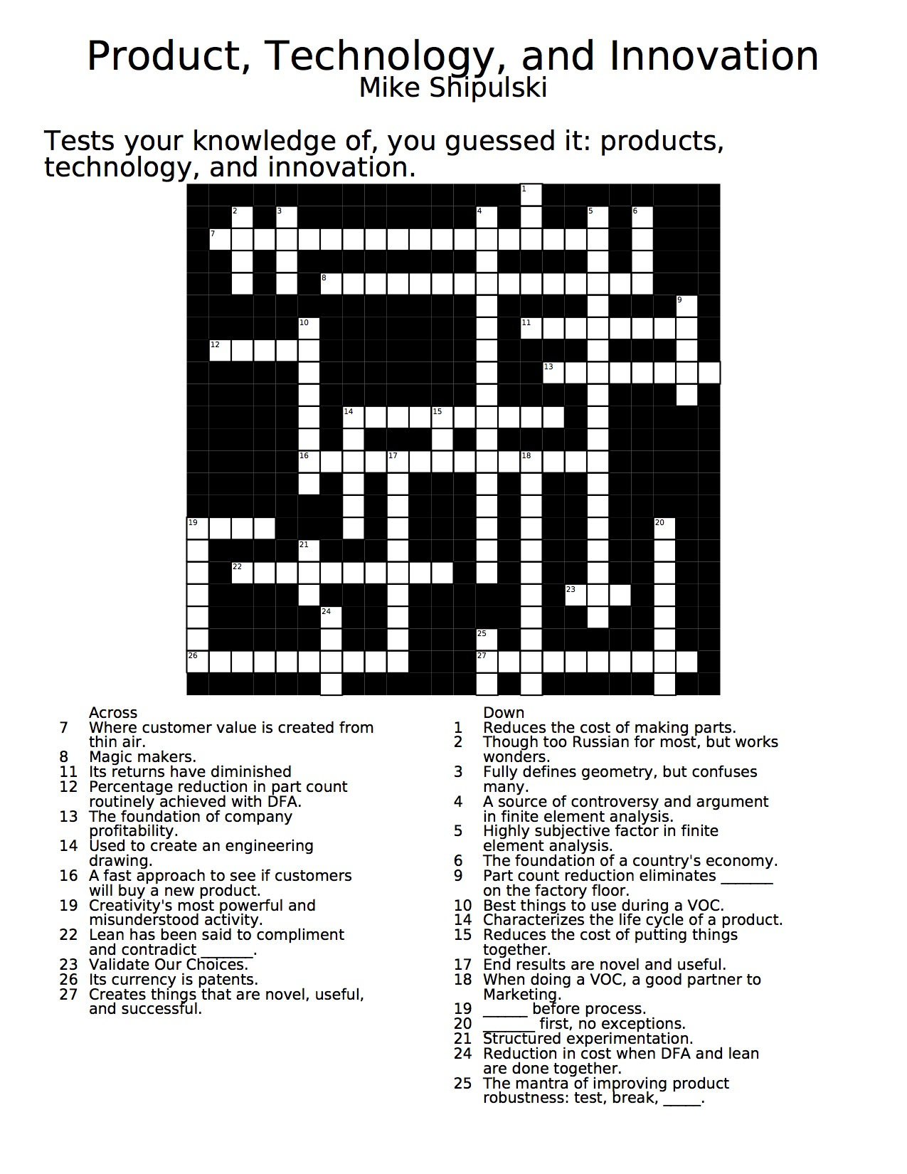 Crossword Puzzle – Product, Technology, Innovation | Shipulski On Design - Printable Crossword Puzzles 2013