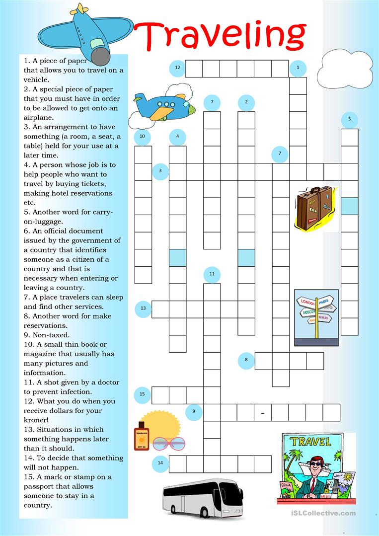 Crossword: Traveling Worksheet - Free Esl Printable Worksheets Made - Printable Crossword Puzzles Travel
