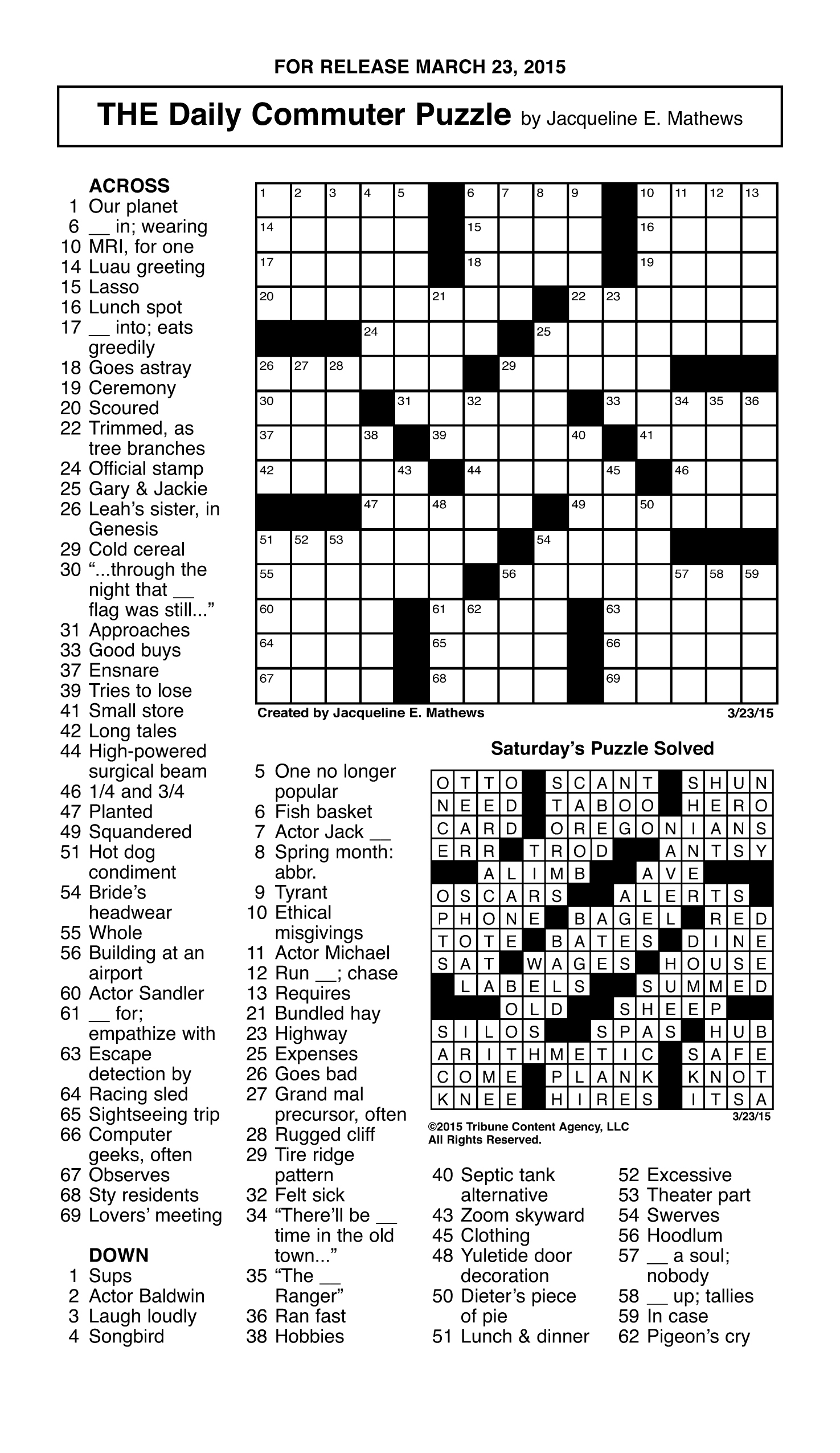 Crosswords Archives | Tribune Content Agency - Printable Daily Crosswords For October 2015