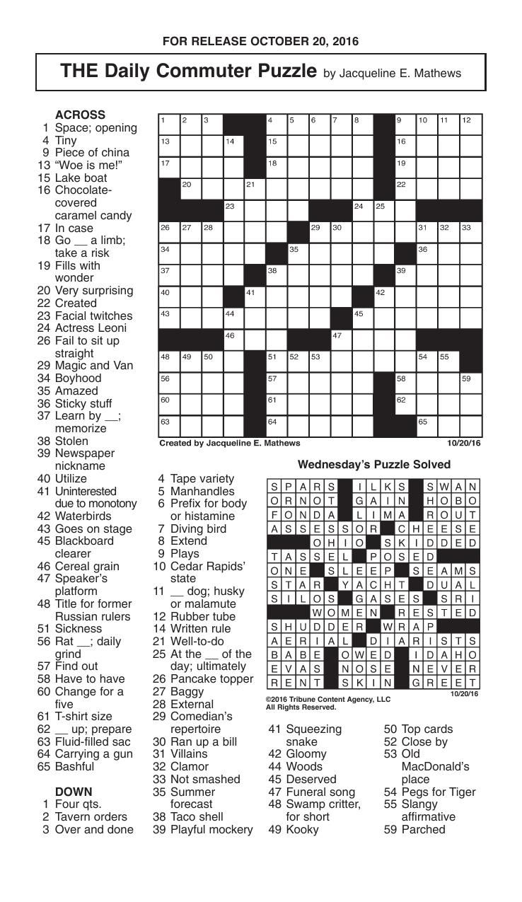 Crosswords, October 20, 2016 | Crosswords | Redandblack - Printable Commuter Crossword Puzzle