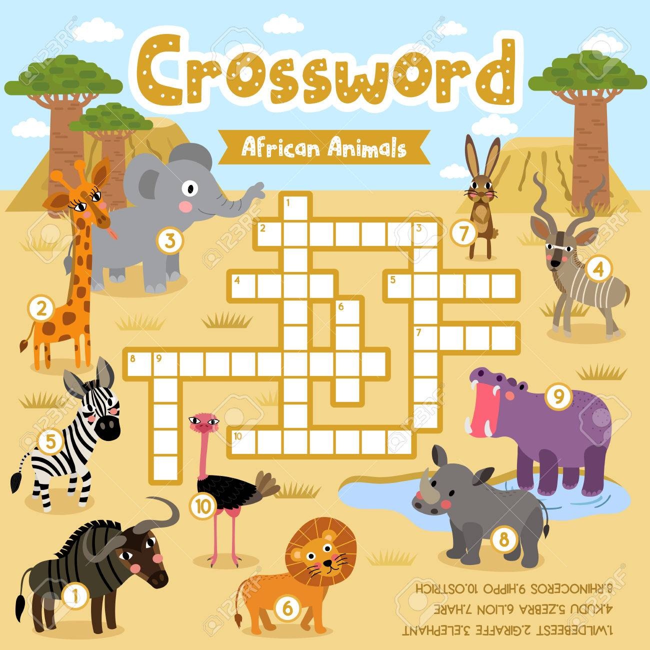 Crosswords Puzzle Game Of African Animals For Preschool Kids - Printable Animal Puzzle