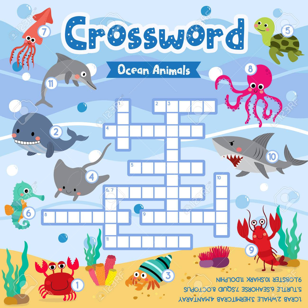 Crosswords Puzzle Game Of Ocean Animals For Preschool Kids Activity.. - Printable Ocean Crossword Puzzles