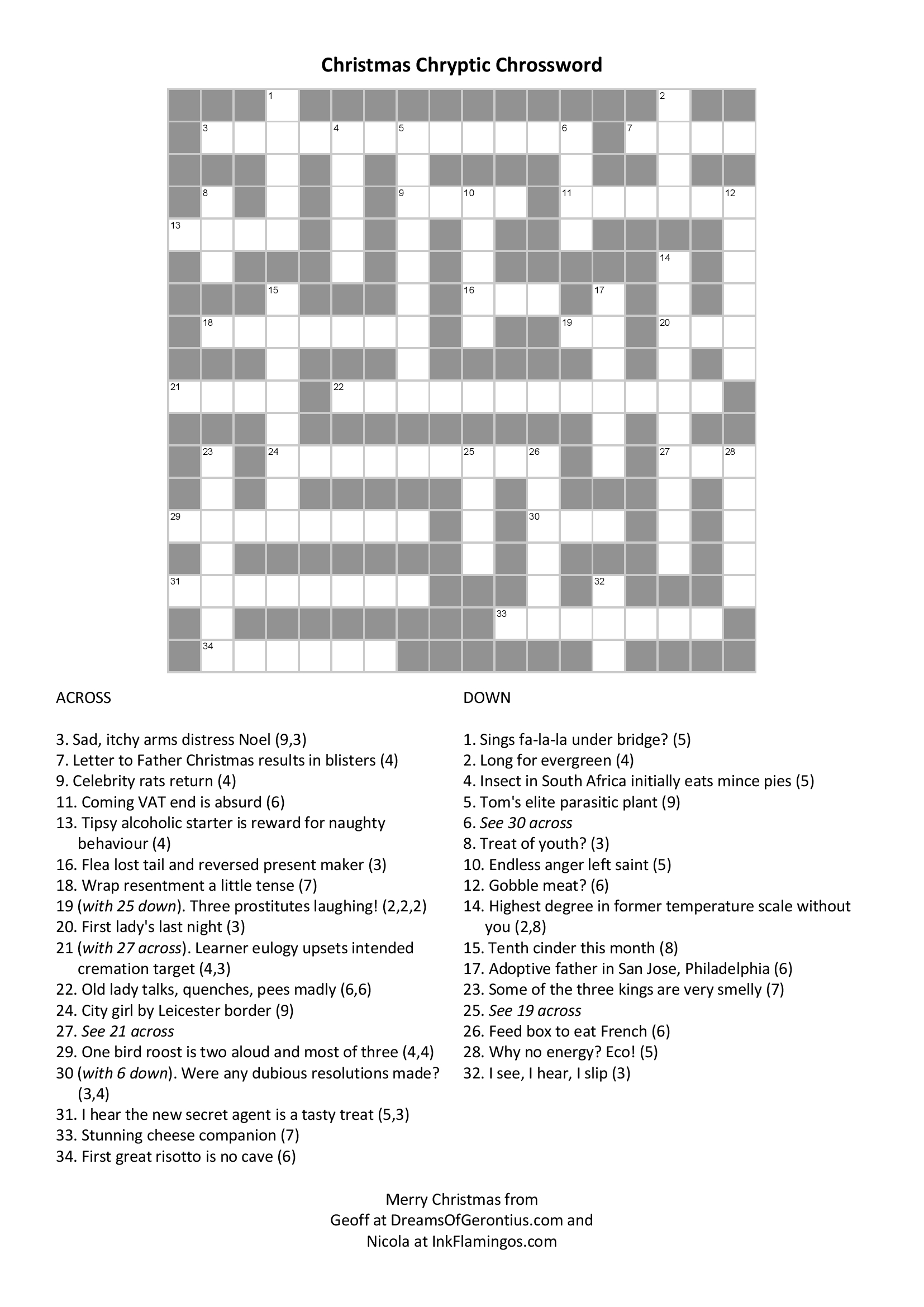 Cryptic Crossword Primer For Christmas – The Dreams Of Gerontius - Printable Cryptic Crossword