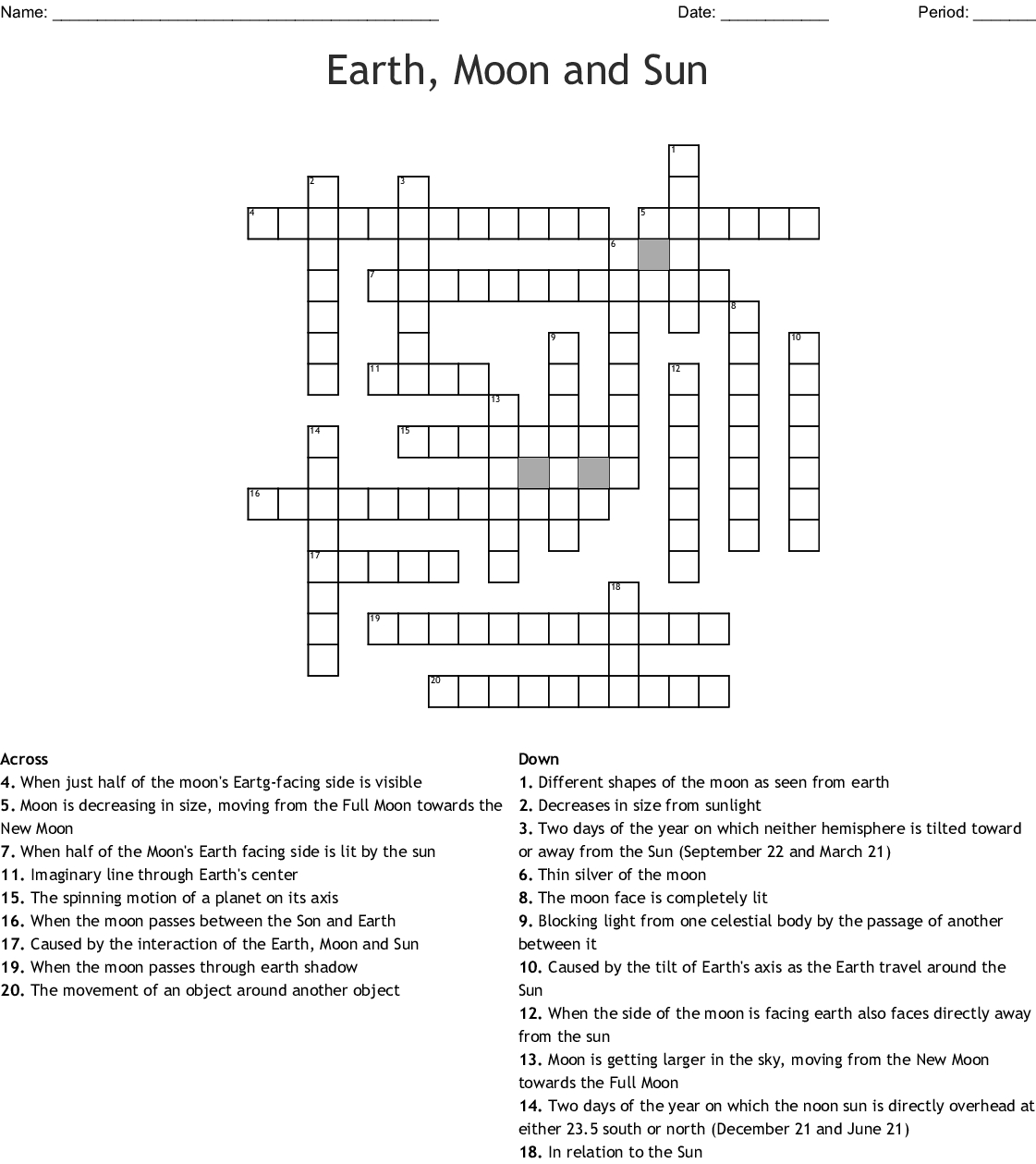Earth, Moon And Sun Crossword - Wordmint - Sun Crossword Printable Version