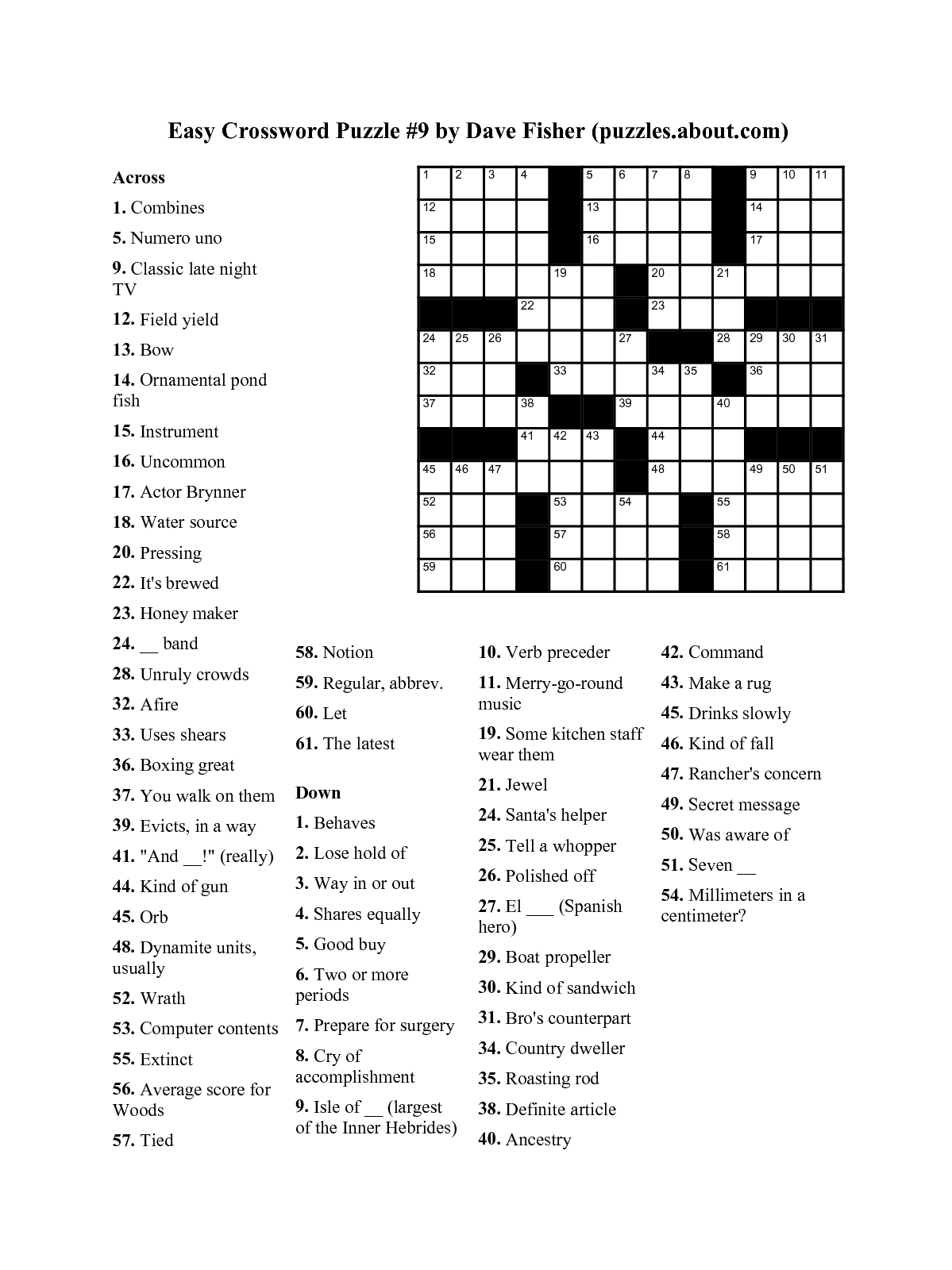 Easy Crossword Puzzle _9Dave Fisher _Puzzlesaboutcom_Lonyoo - Printable Crosswords Music
