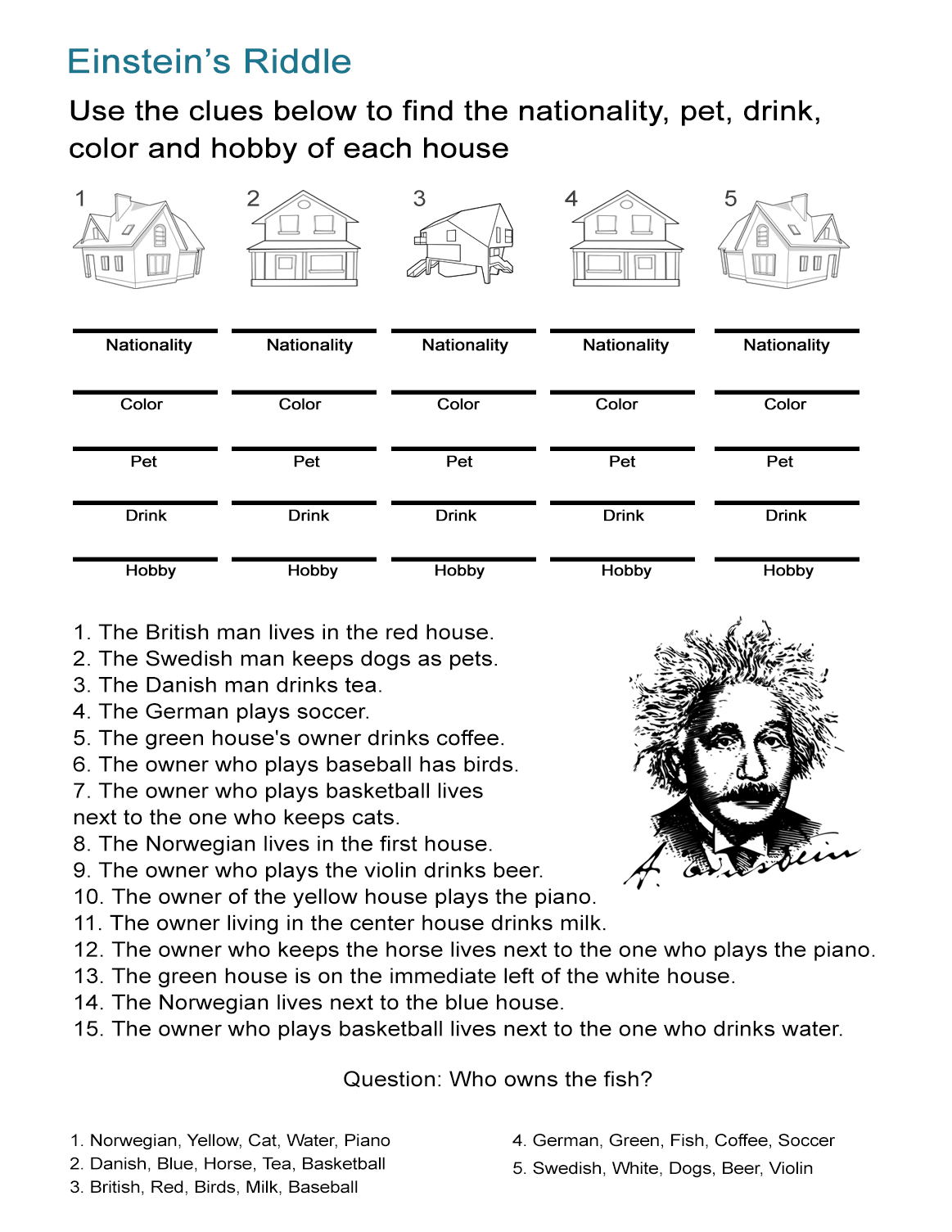 Einstein&amp;#039;s Riddle: Detective-Style Logic Activity - All Esl - Printable Detective Puzzles