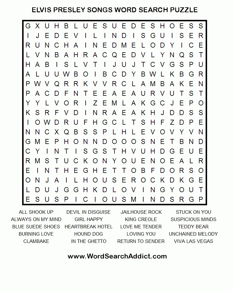 Elvis Songs Printable Word Search Puzzle - Printable Crossword Puzzles And Word Searches