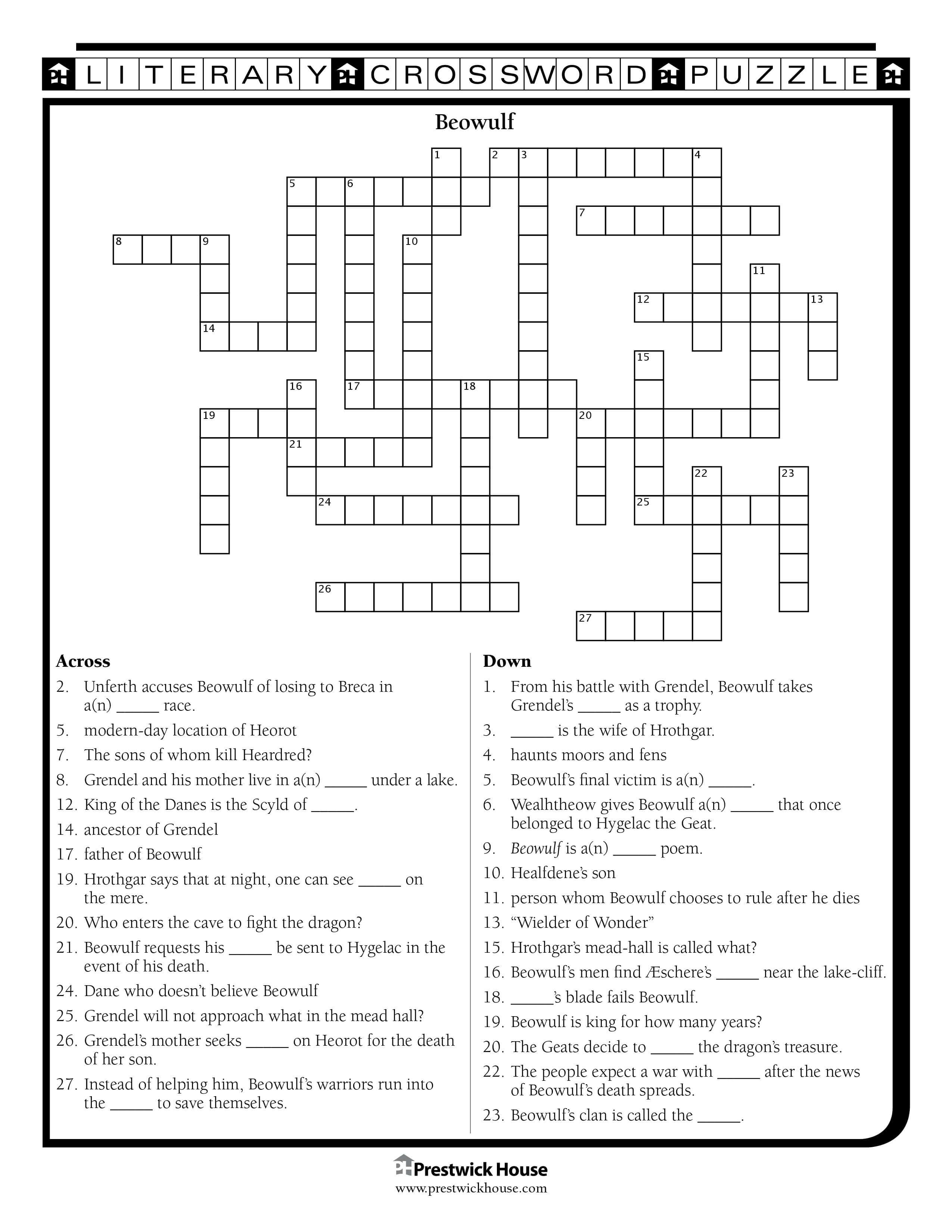English Teacher&amp;#039;s Free Library | Prestwick House - Printable Beowulf Crossword Puzzle