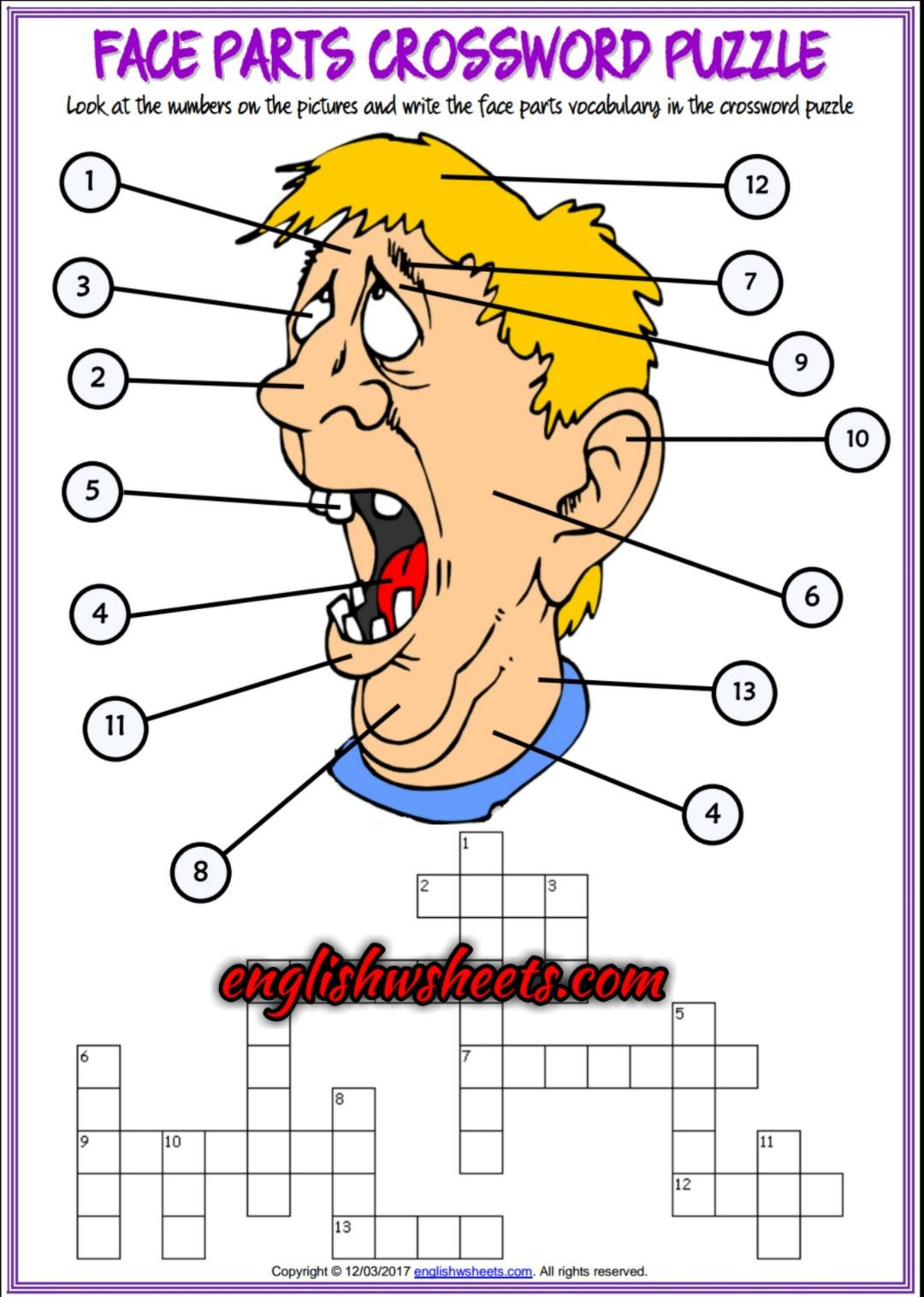 Face Parts Esl Printable Crossword Puzzle Worksheets For Kids | Esl - Printable Face Puzzle