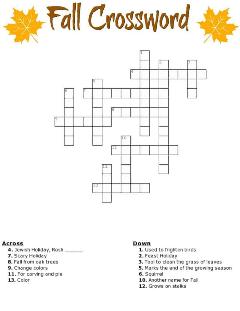 Fall Crossword Puzzle Free Printable Worksheet - Fall Crossword Puzzle Printable