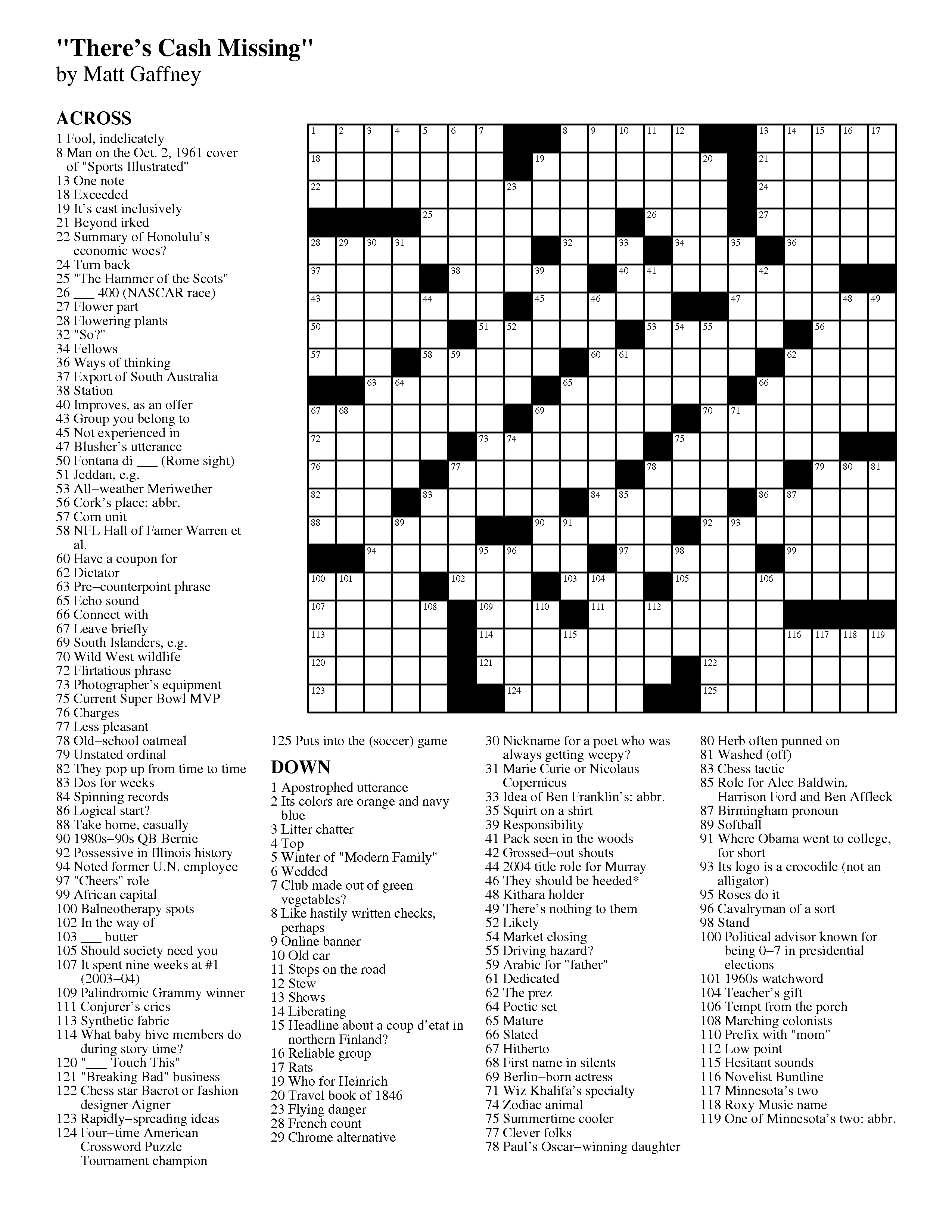 February | 2013 | Matt Gaffney&amp;#039;s Weekly Crossword Contest - Printable Crossword Puzzles 2013