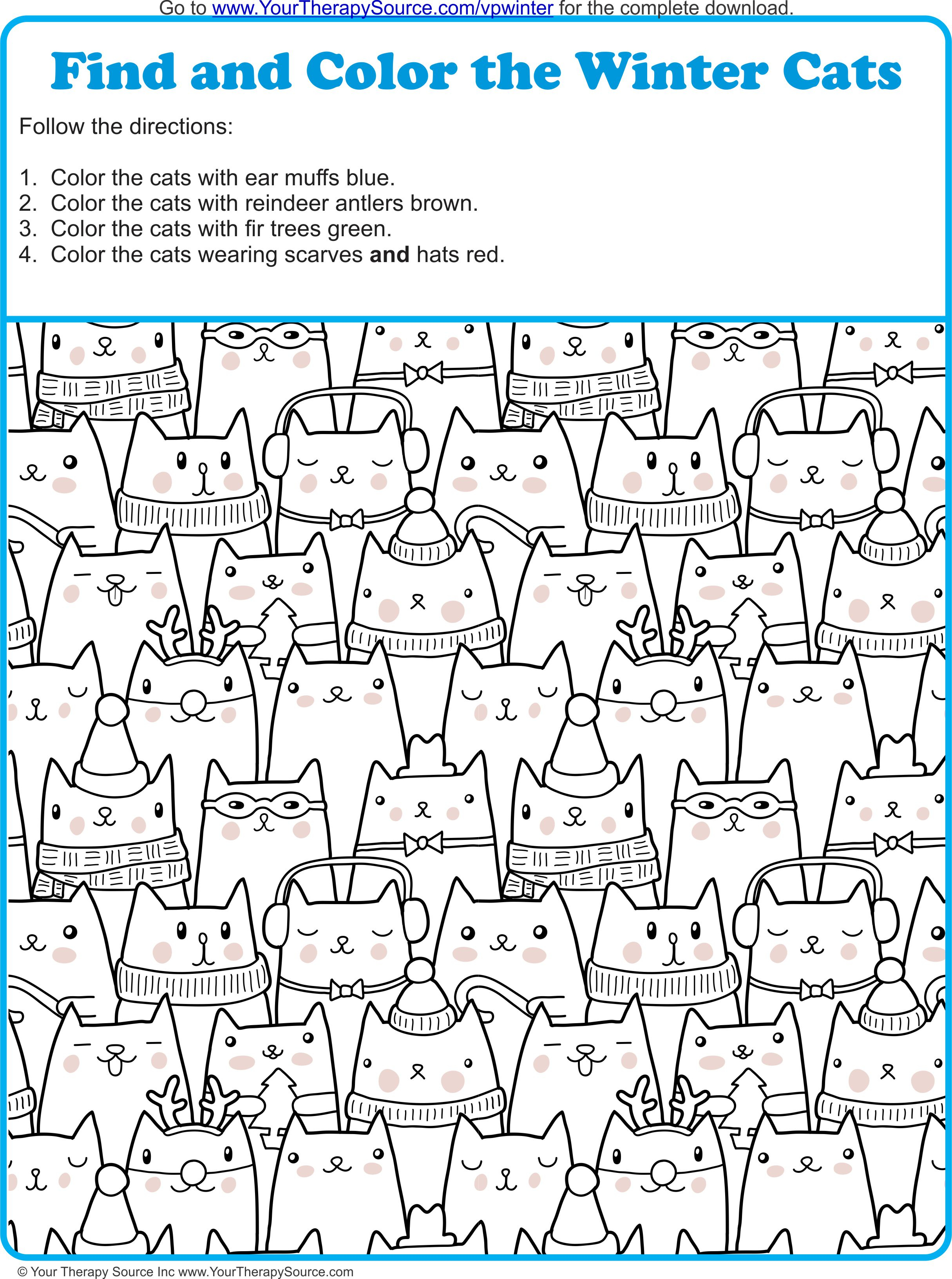 Find And Color The Winter Cats - Your Therapy Source - Free Printable Visual Puzzles