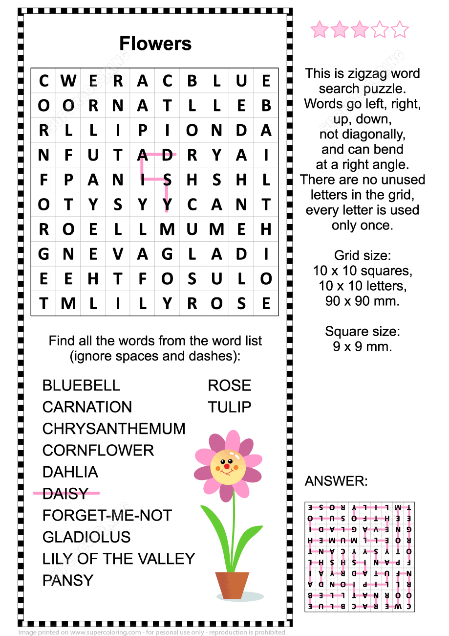 Flowers Zigzag Word Search Puzzle | Free Printable Puzzle Games - Printable Flower Puzzle
