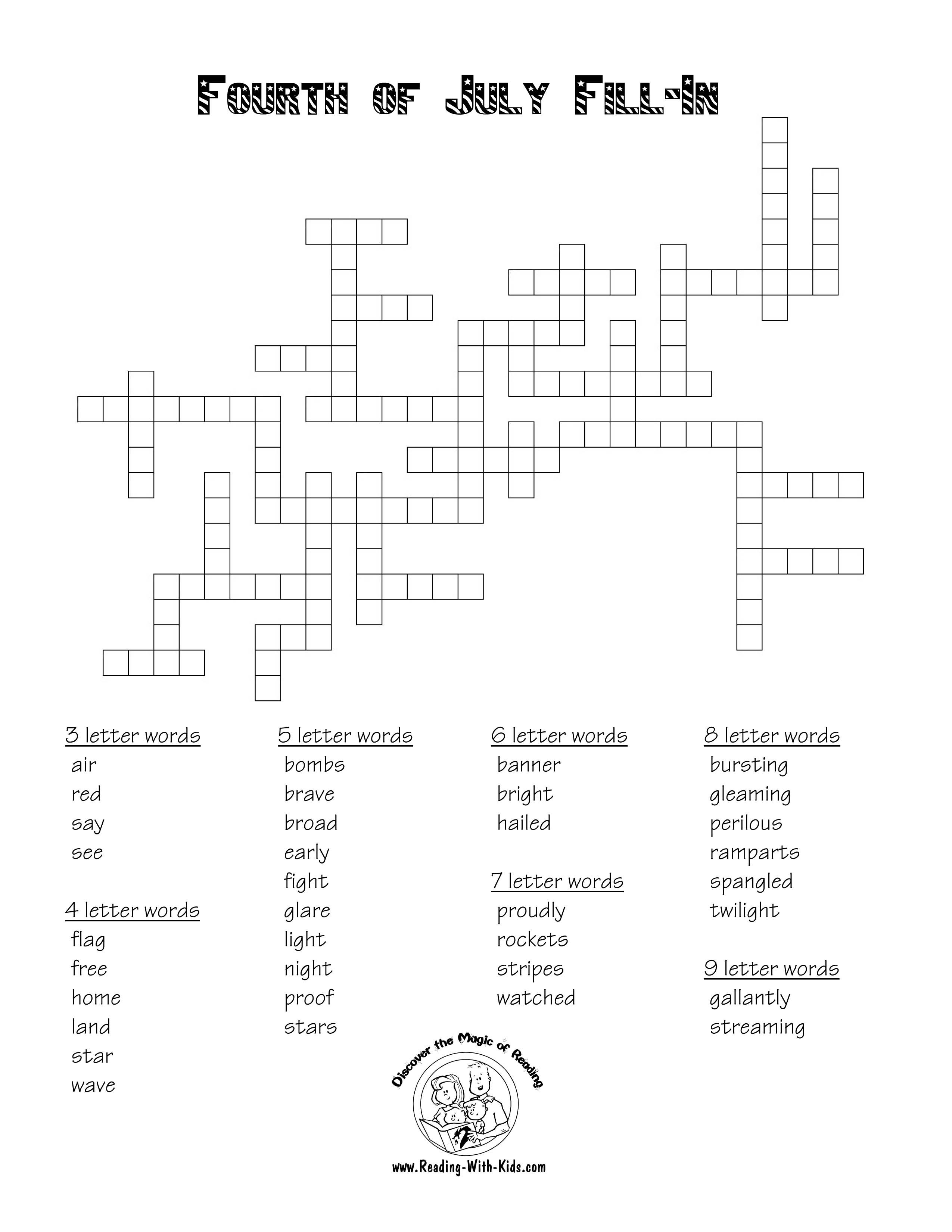 Fourth Of July Fill-In | Independence Day | Fill In Puzzles - Printable Fourth Of July Crossword Puzzles