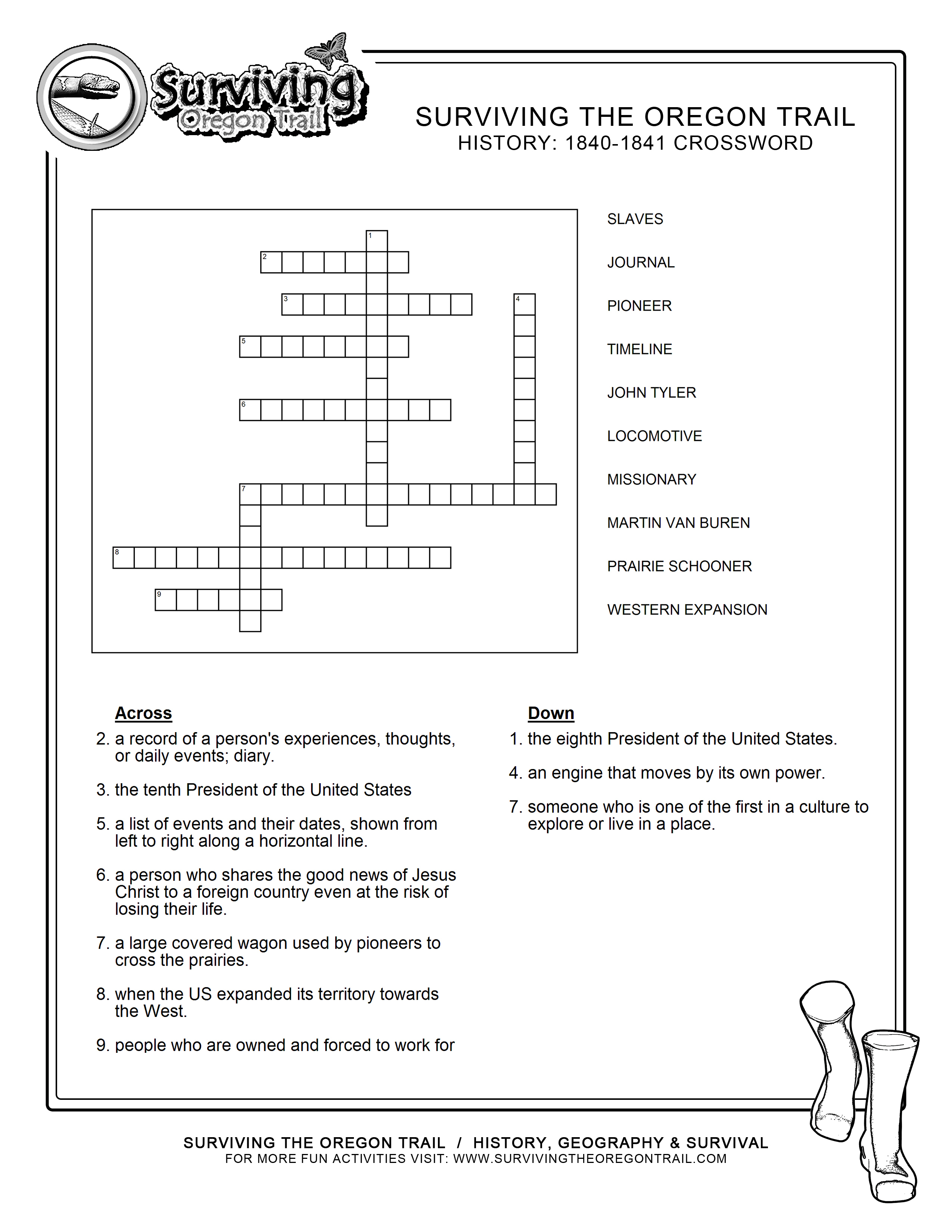 Free Crosswords Puzzle – History 1840-41 (B) – Surviving The Oregon - Printable History Crossword Puzzle