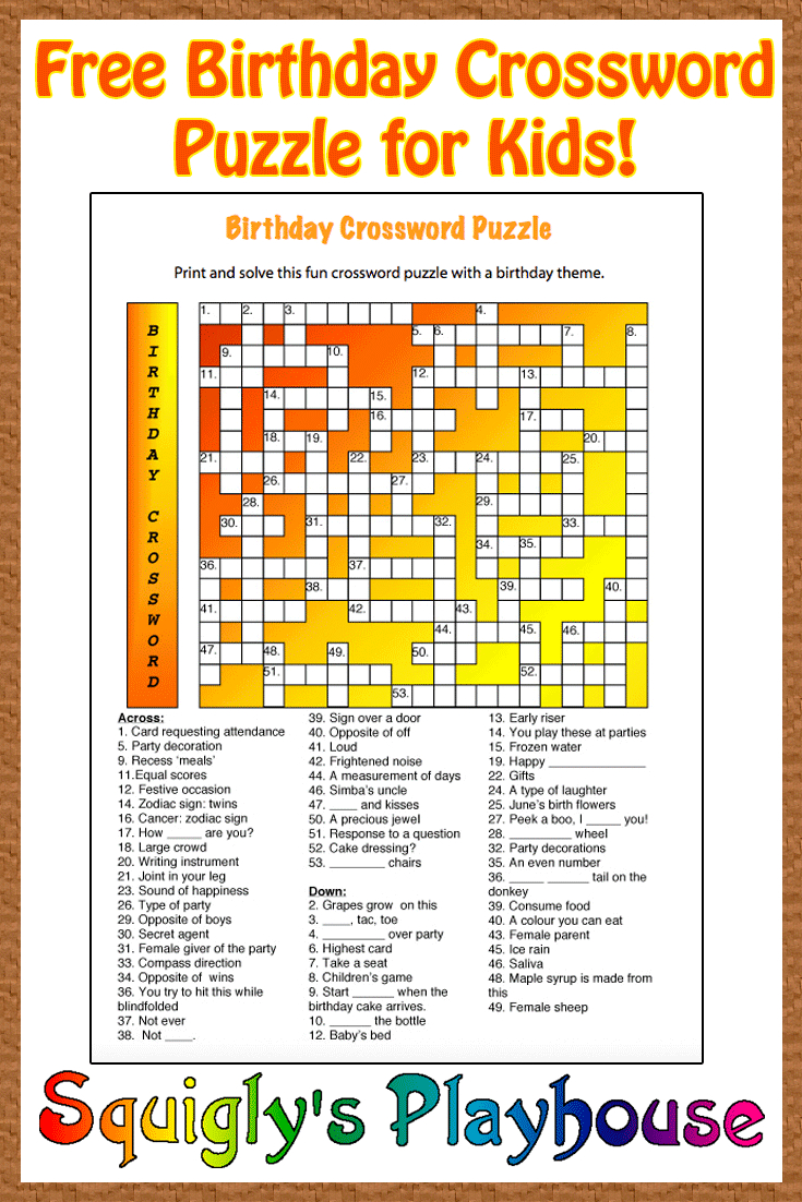 Free Printable Crossword Puzzle For Kids. The Theme Of This Puzzle - Printable Birthday Crossword Puzzles